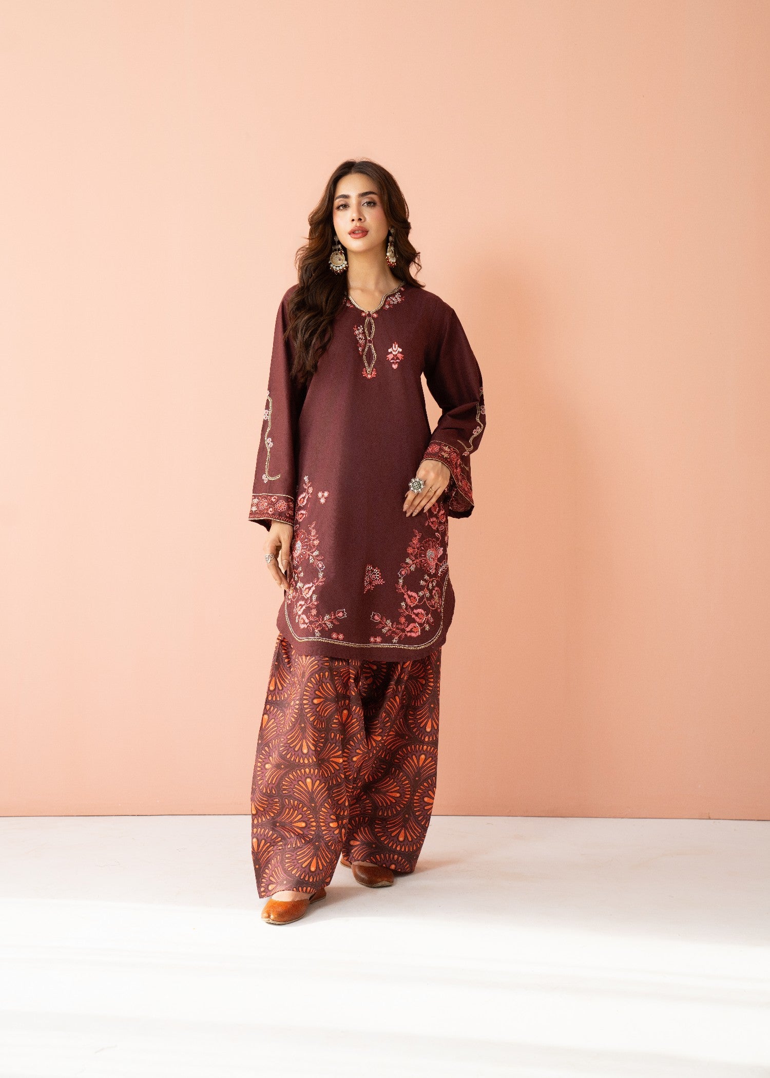 lawn cotton Kurta Set in Dark brown