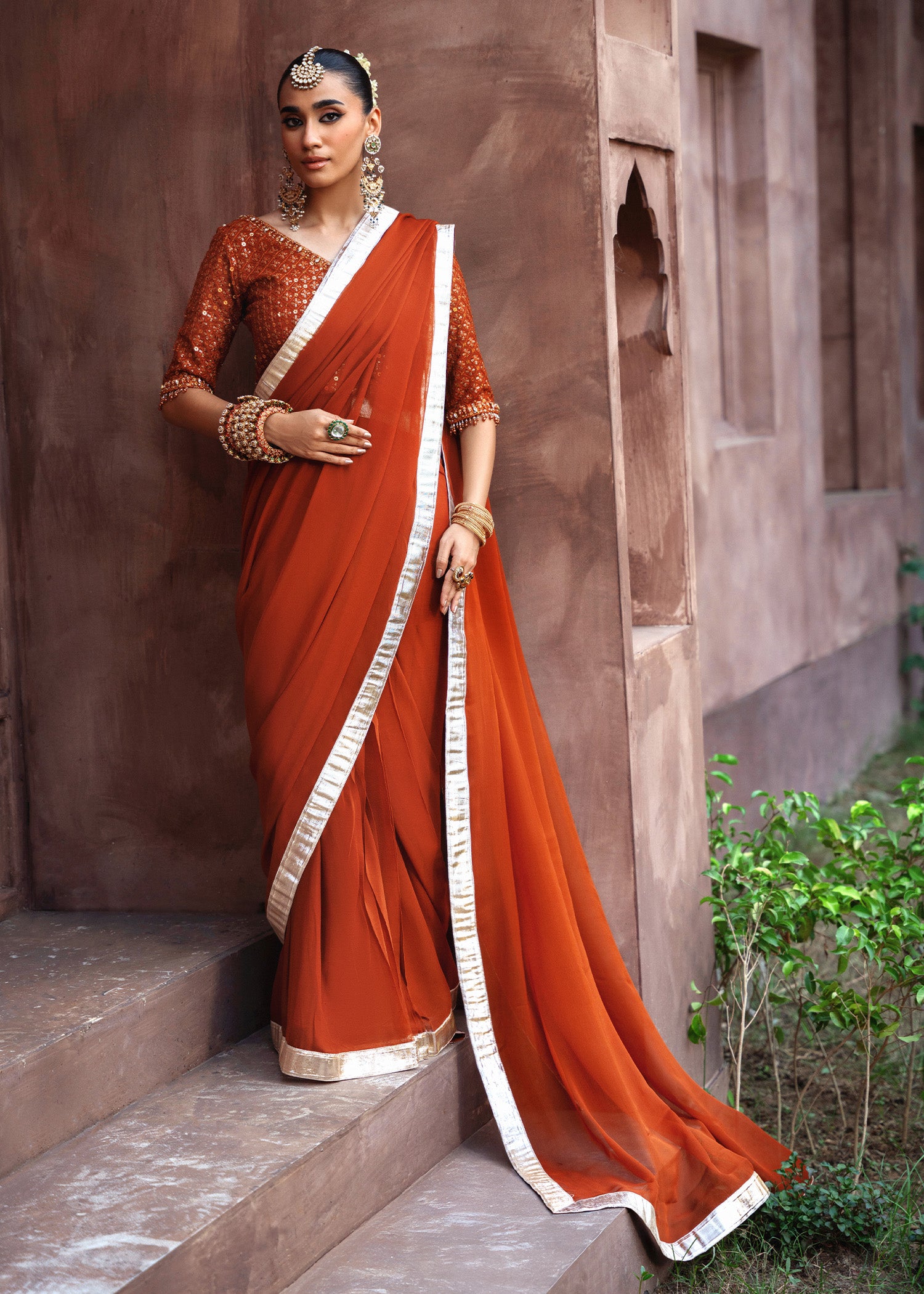chiffon Saree in Rust orange