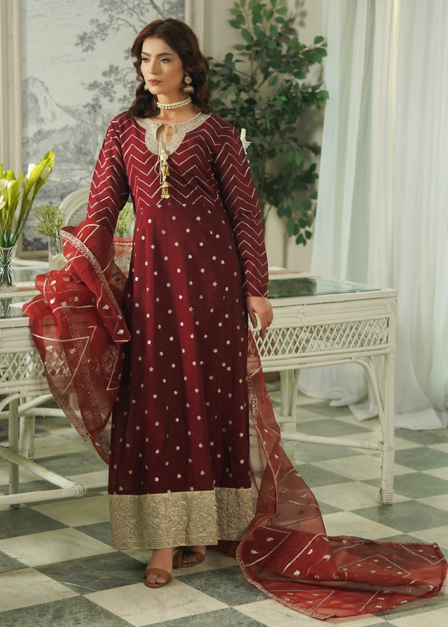 paper lawn Pishwas in Maroon