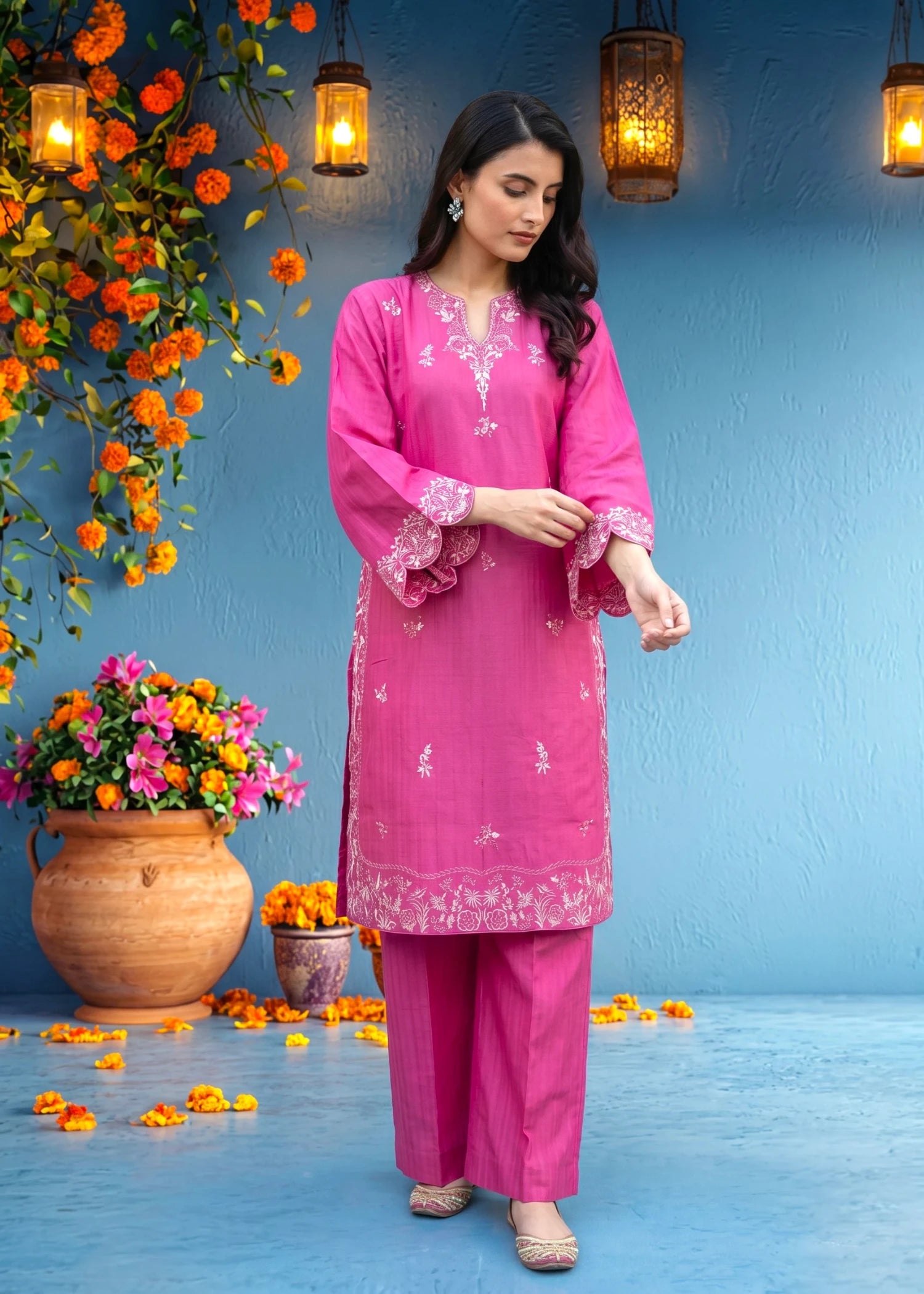 textured lawn Kurti in Hot pink