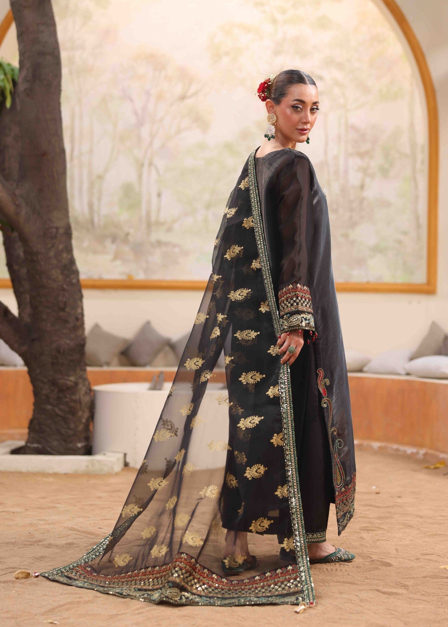 tissue silk Kurta Set in Black