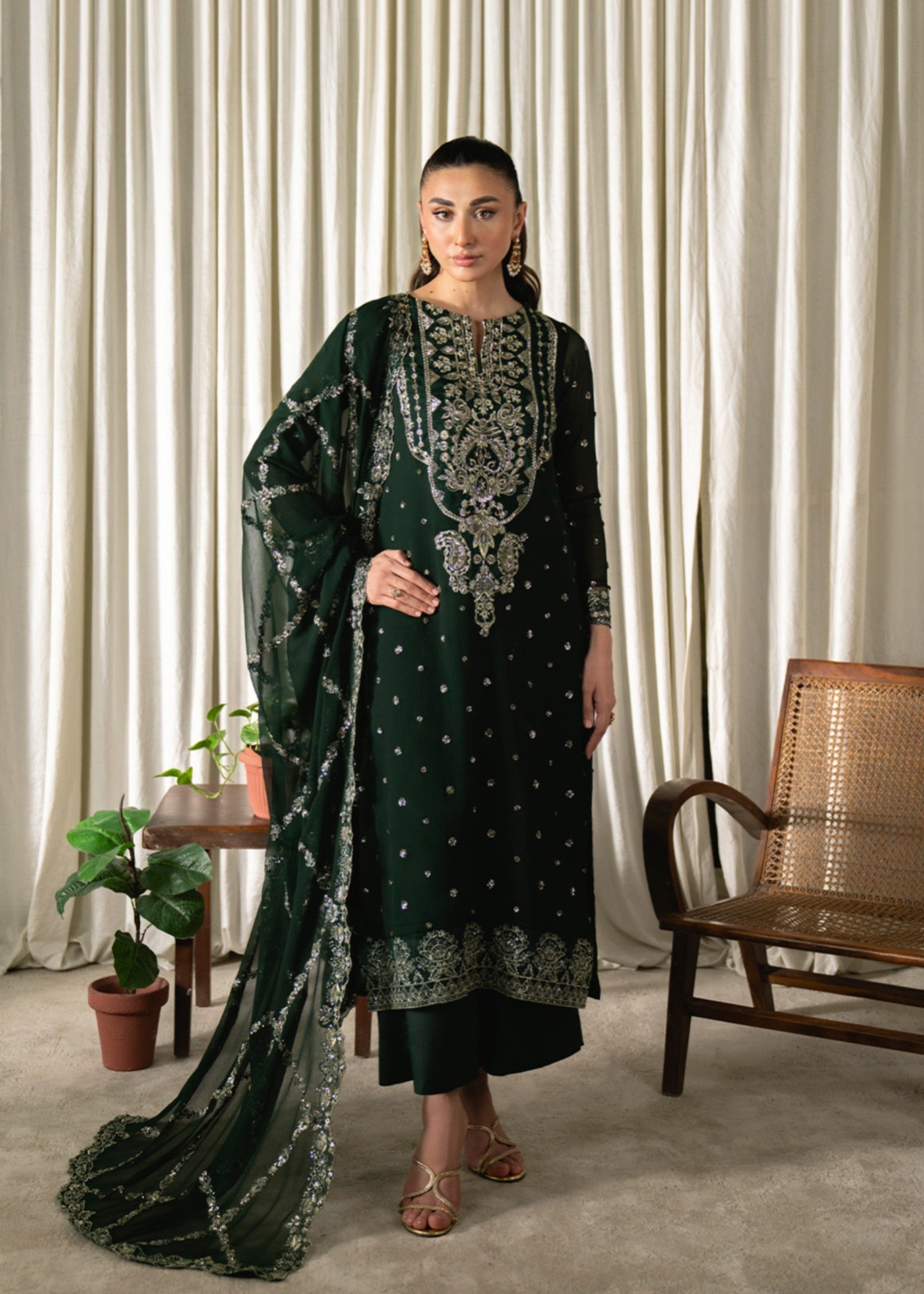 chiffon Kurta Set in Hunter green
