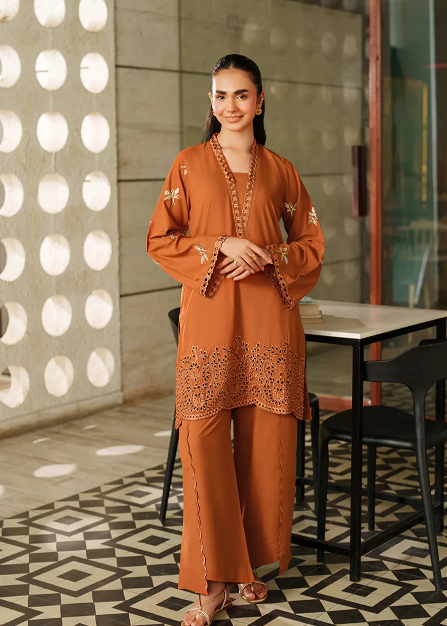 blended satin Kurta Set in Rust orange