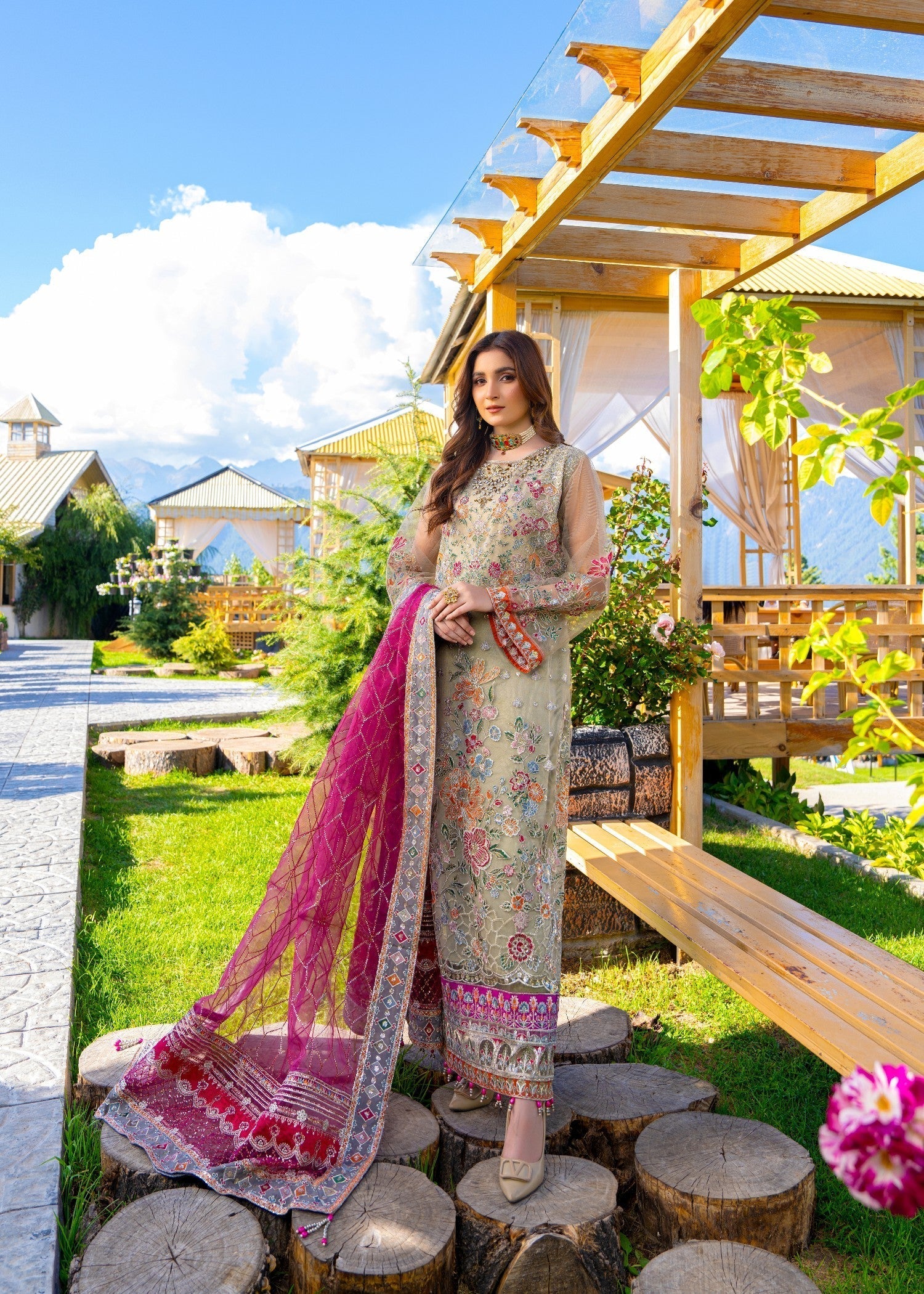 net Kurta Set in Sage green