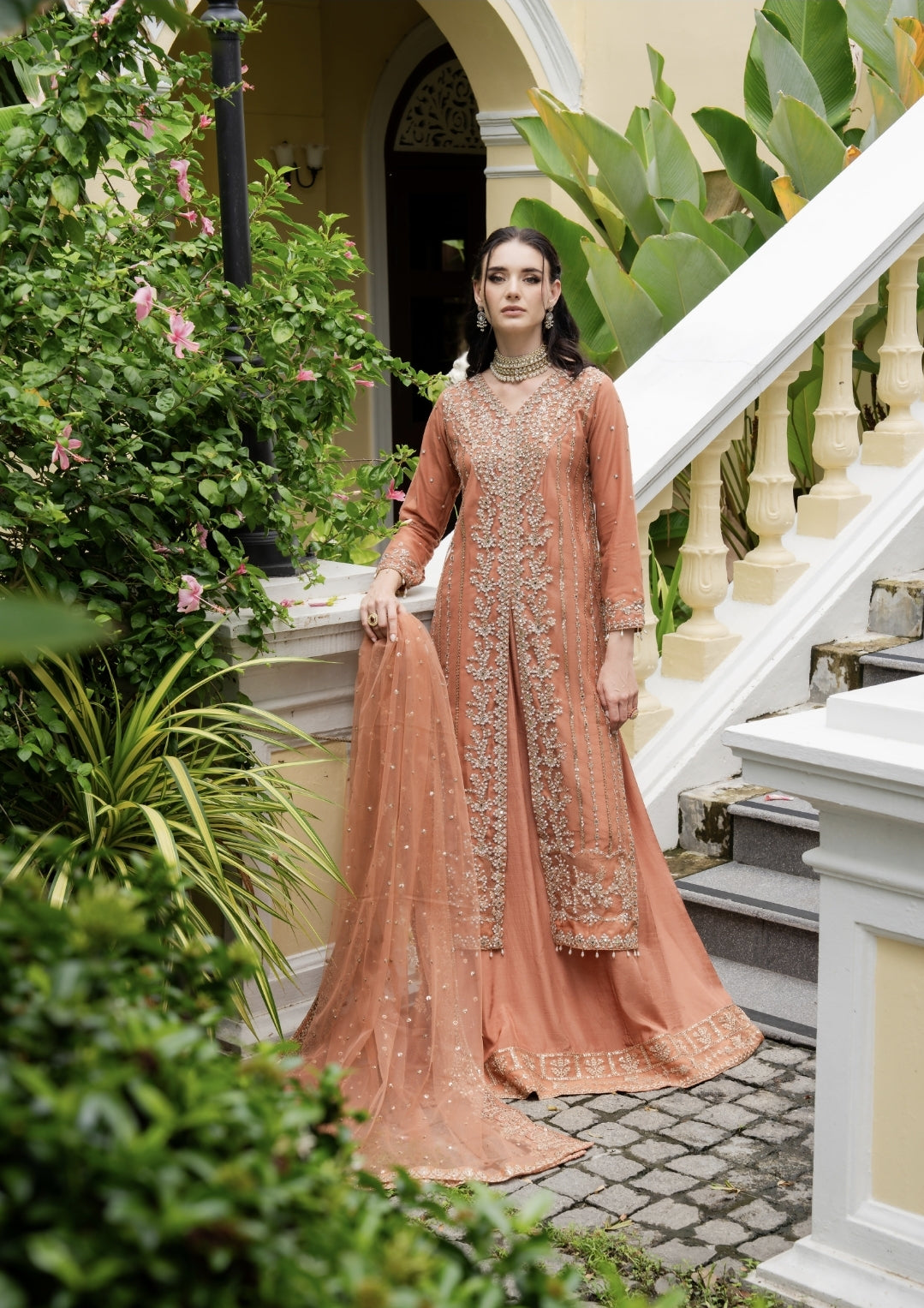 net Lehenga in Coral orange