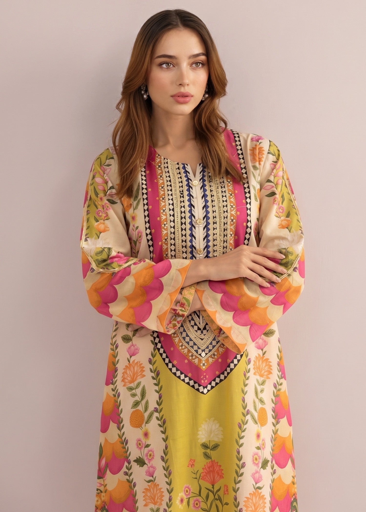 poly lawn Kurta Set in Yellow, multi, hot pink