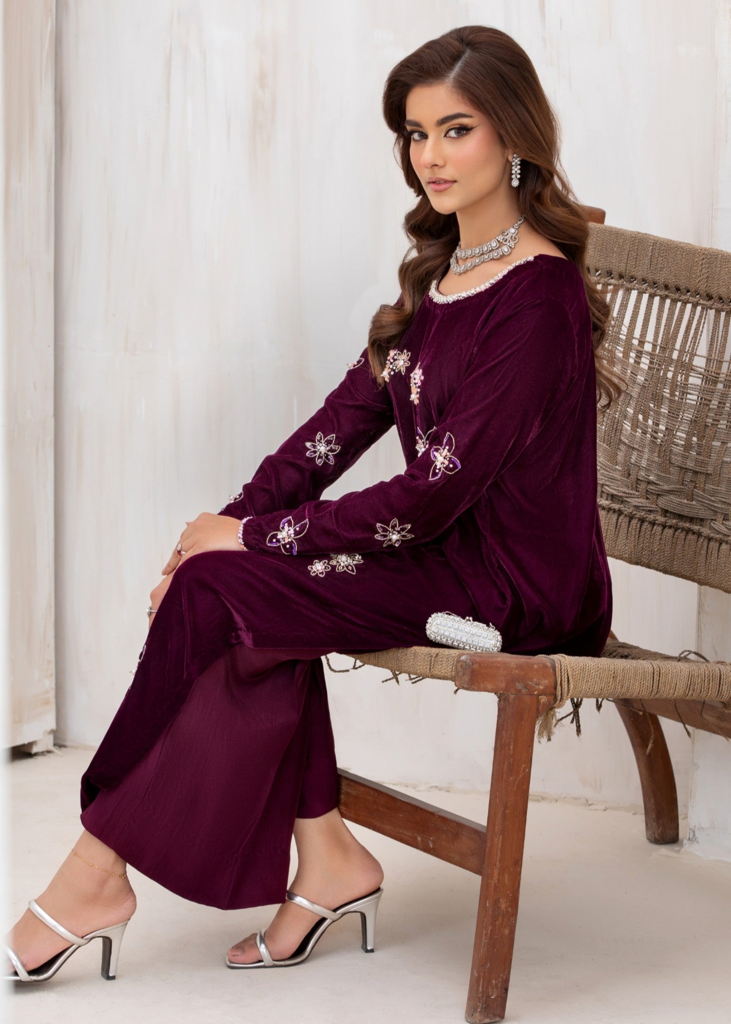 korean raw silk Kurta Set in Deep purple