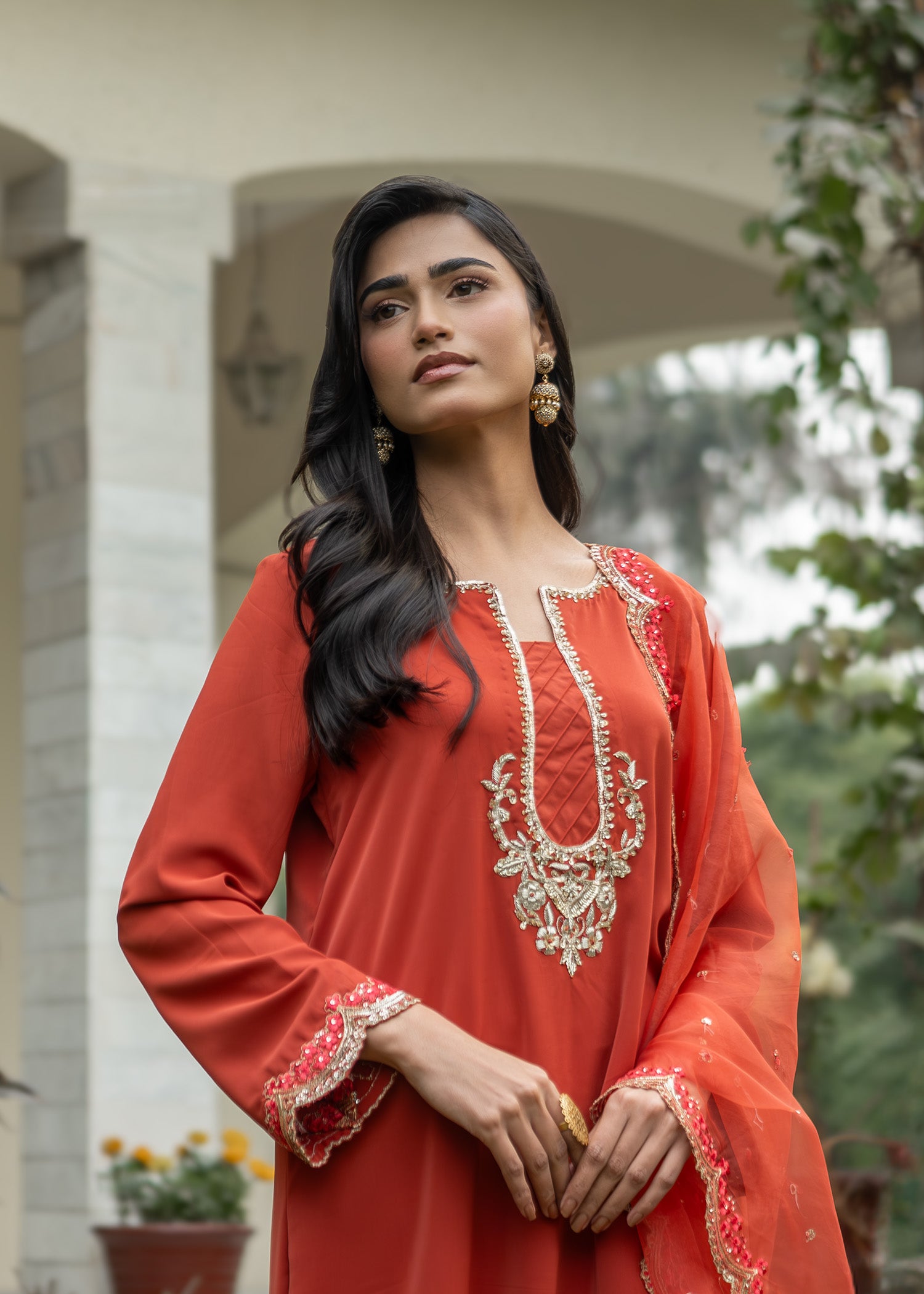 georgette Kurta Set in Rust orange
