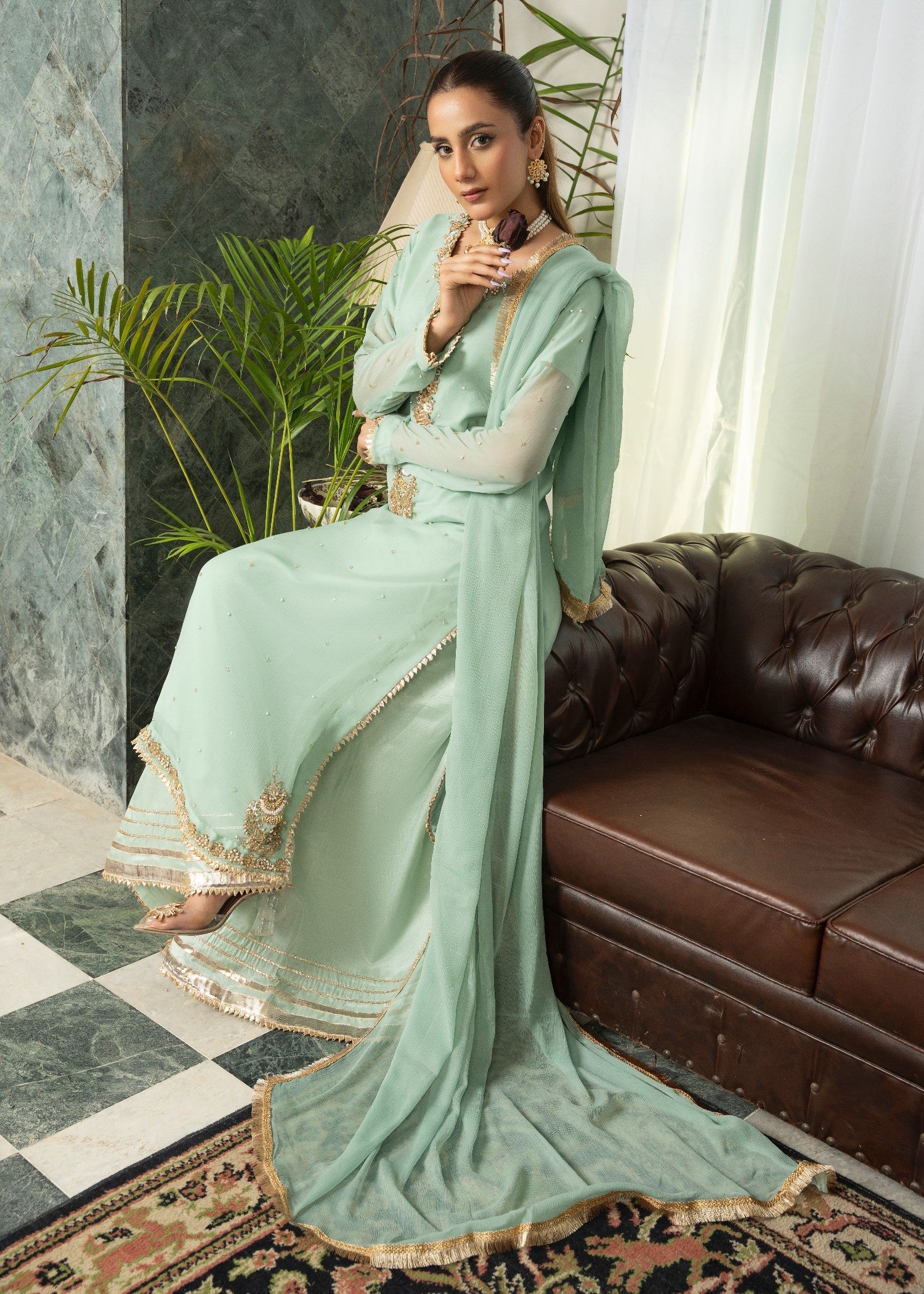 chiffon Kurta Set in Tea green
