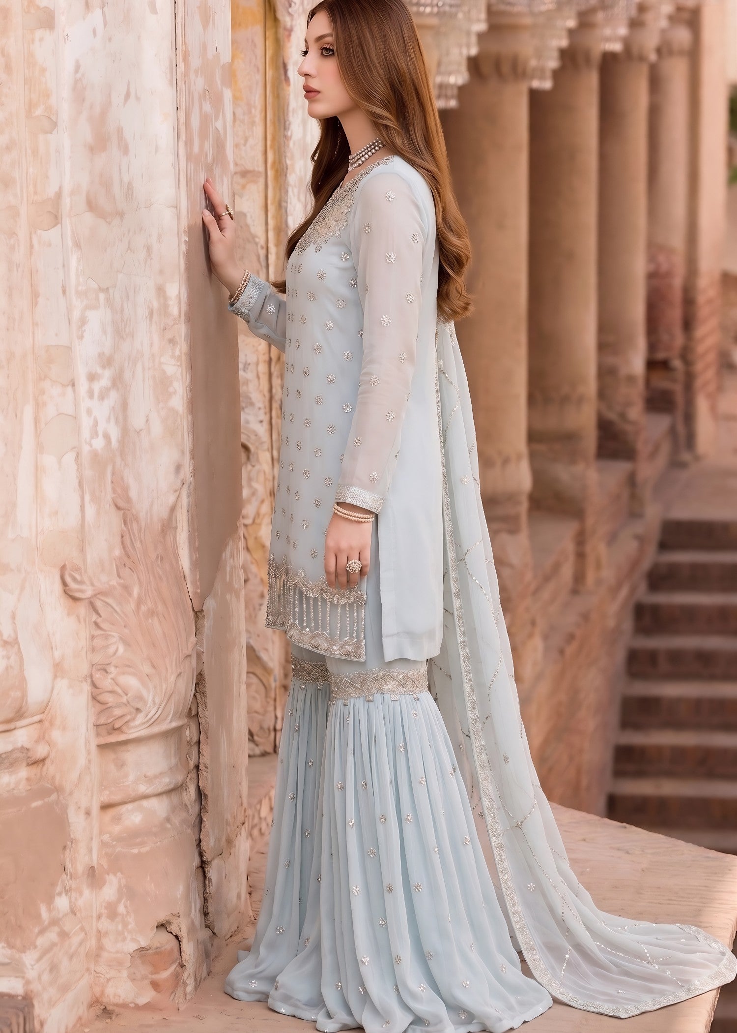 bemberg crinkle chiffon Gharara in Light blue