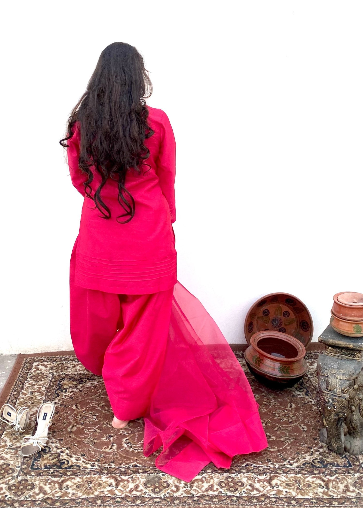 raw silk Kurta Set in Deep pink