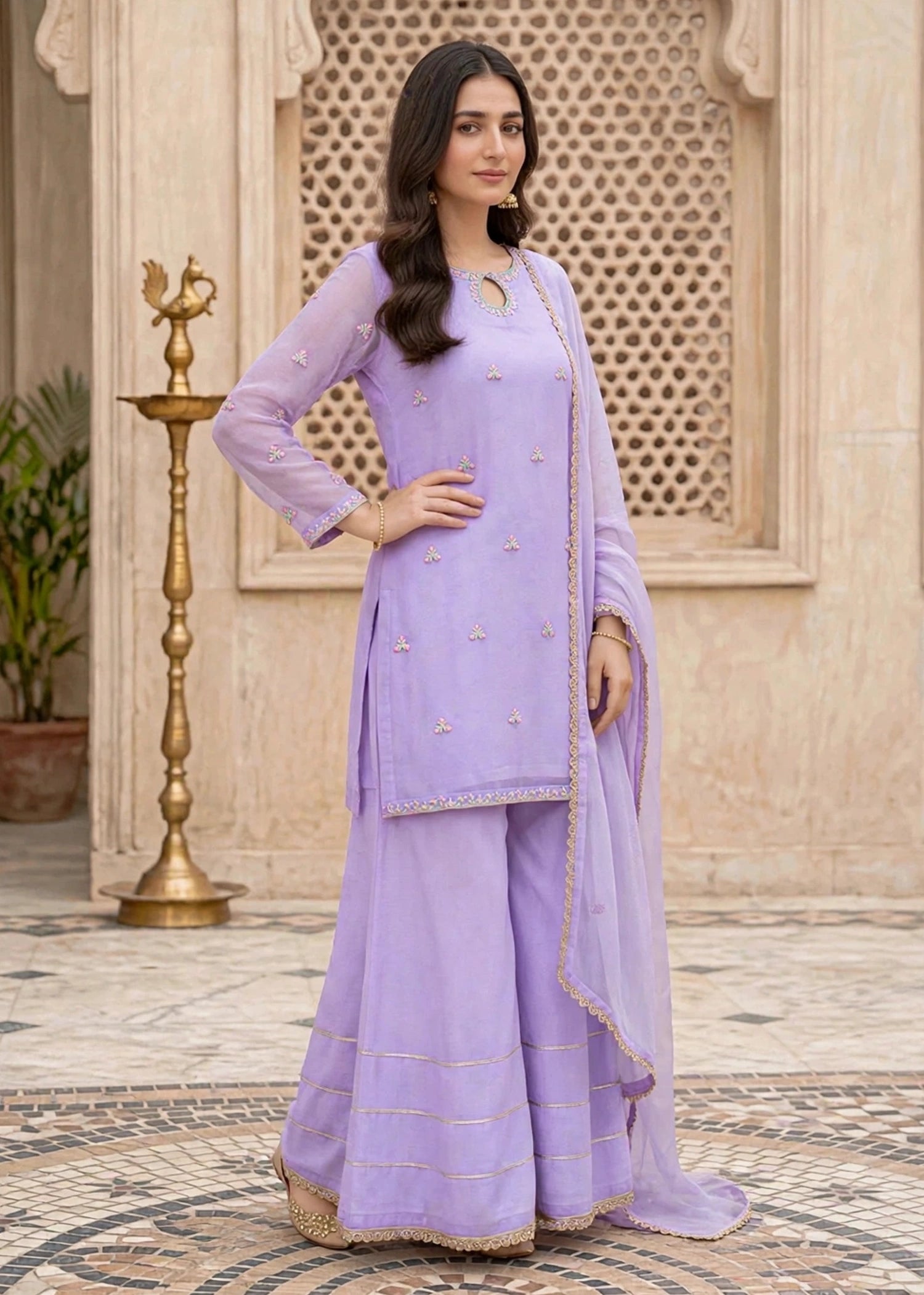 chiffon Gharara in Bright lavender