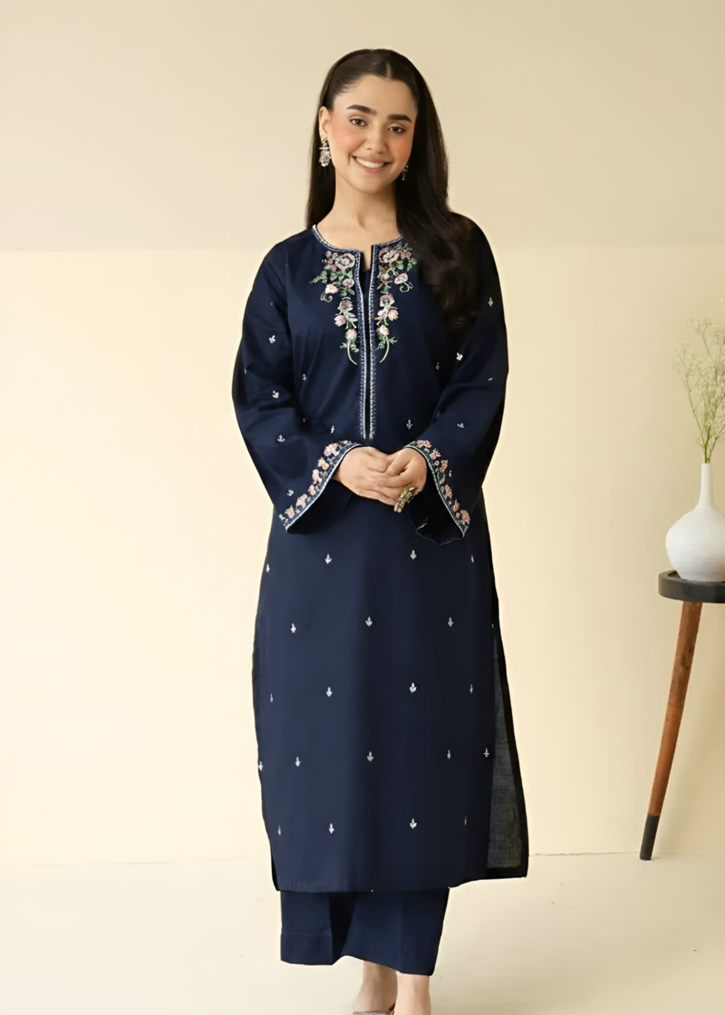 linen Kurta Set in Dark blue