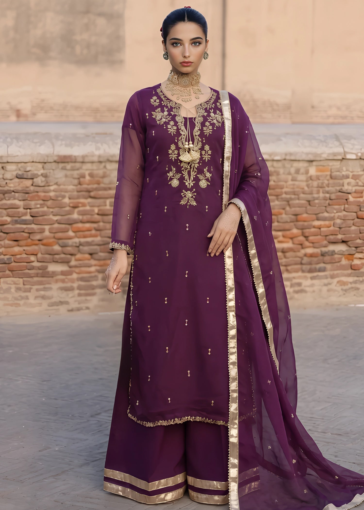 chiffon Kurta Set in Plum purple