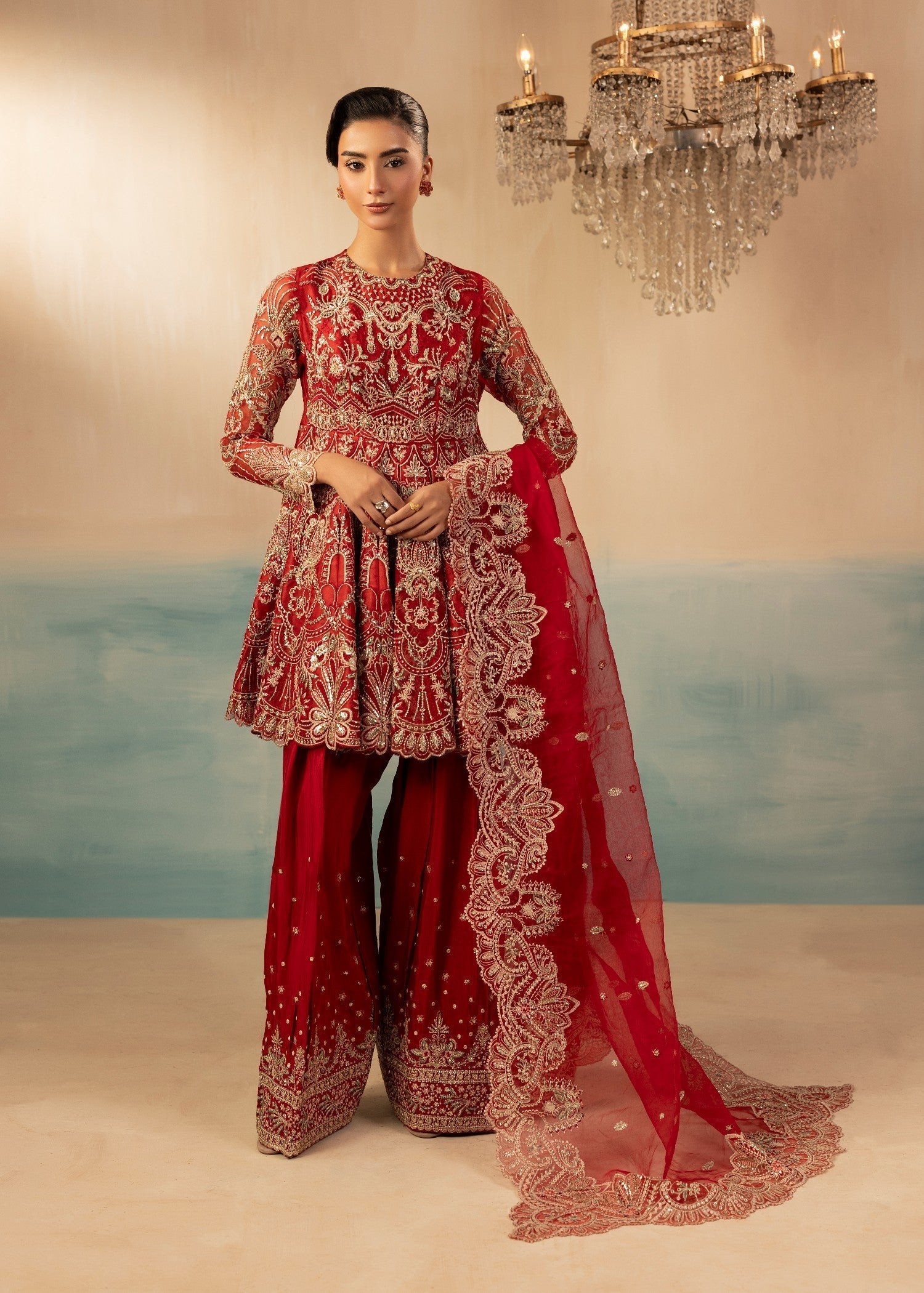 raw silk Peplum in Red