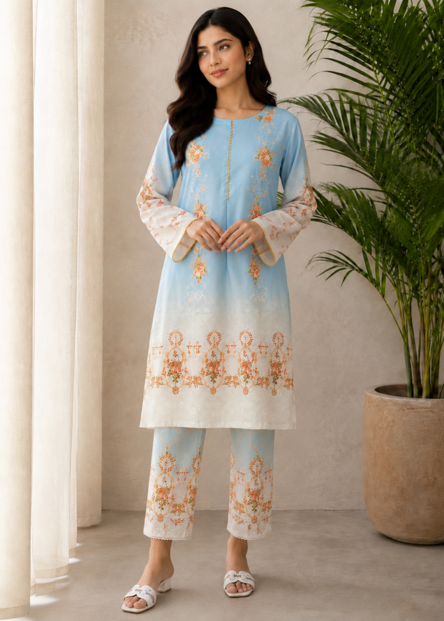 poly lawn Co Ord Sets in Cream, tangerine, sky blue