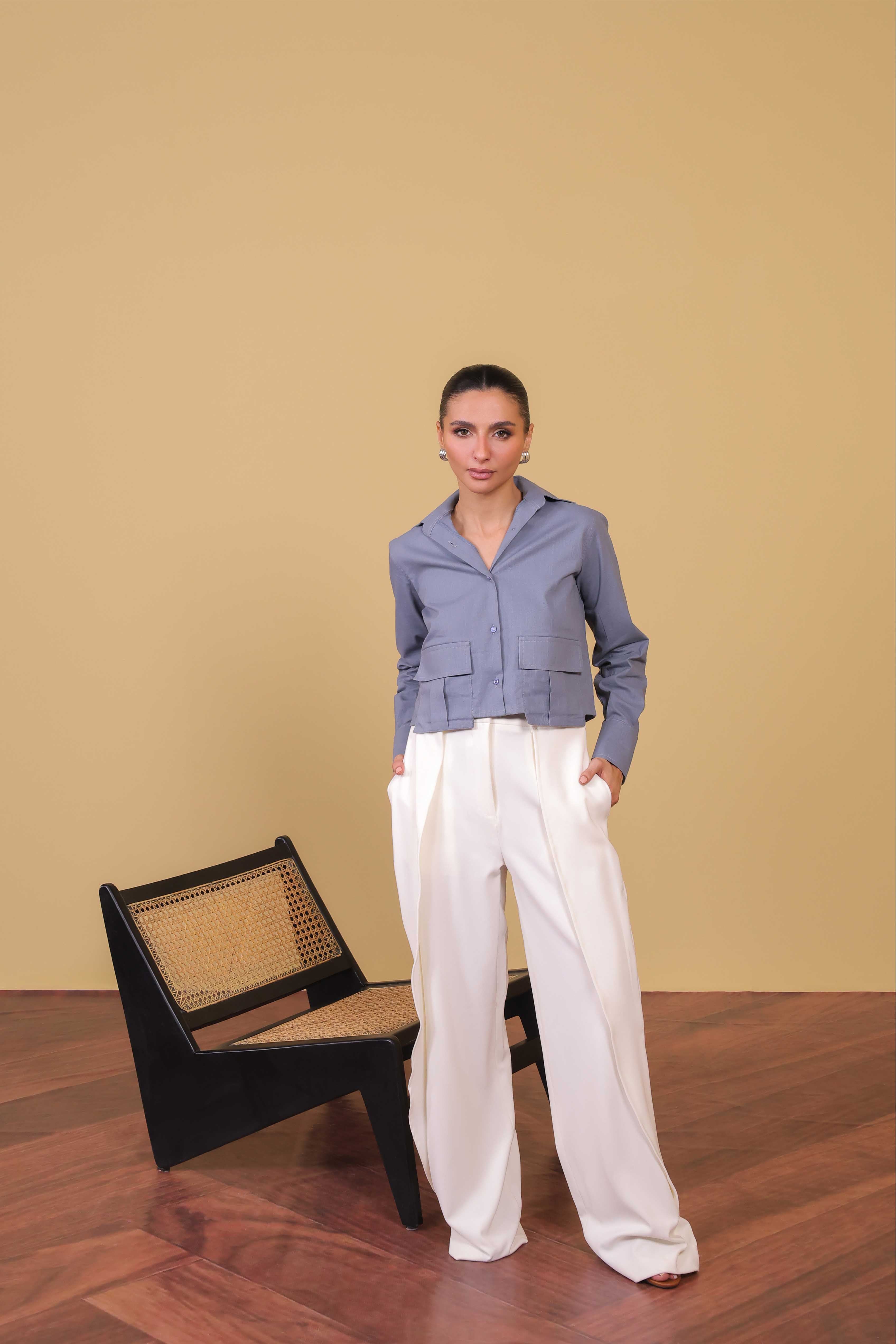 satin polyester Top in Steel blue