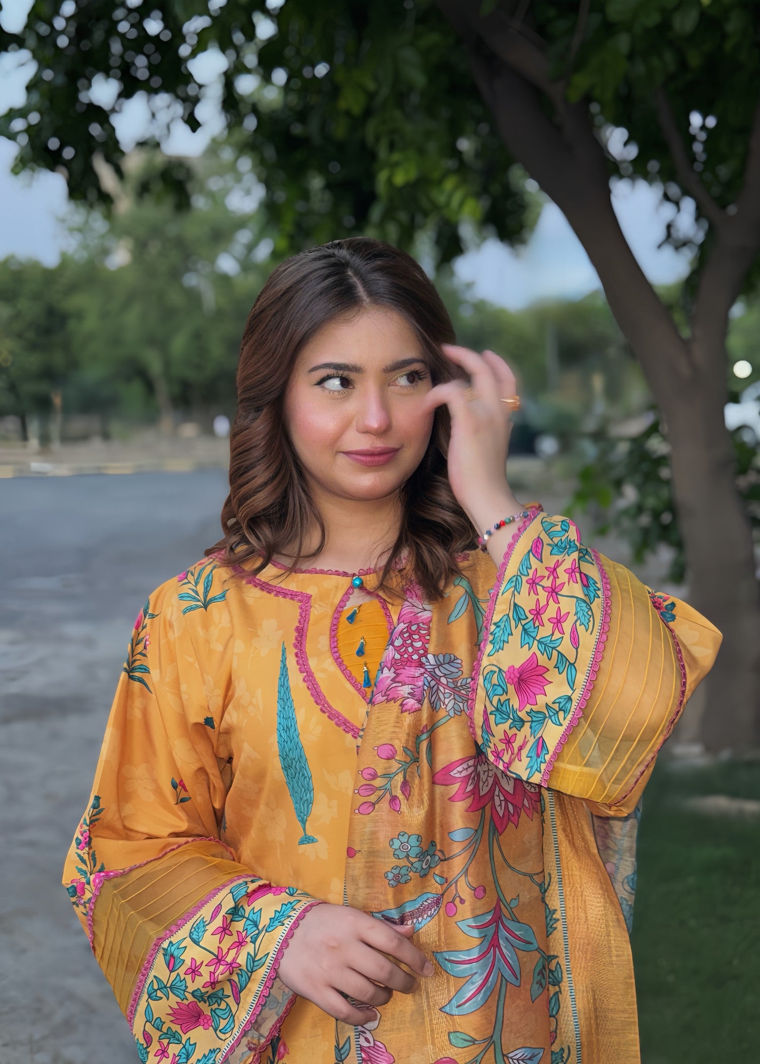 poly lawn Kurta Set in Multi, mellow yellow