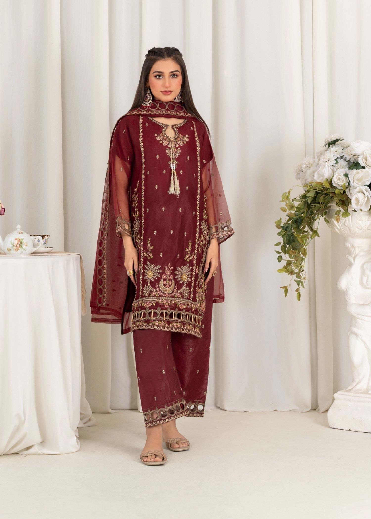 organza Kurta Set in Burgundy