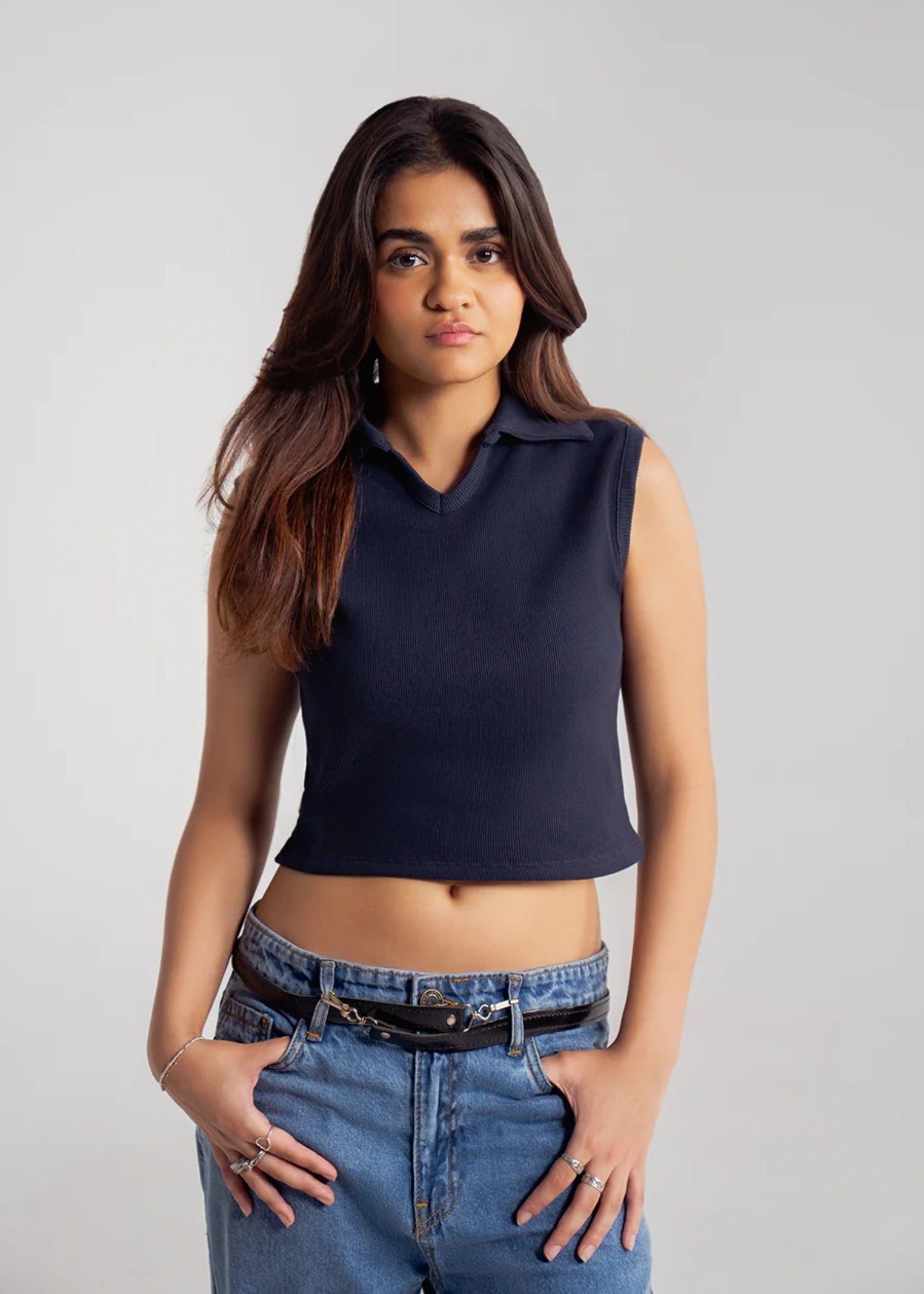 cotton pique Top in Navy blue