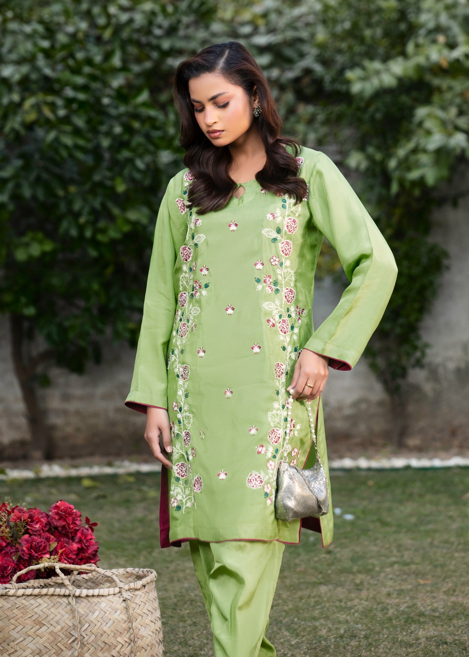 silk Kurta Set in Apple green