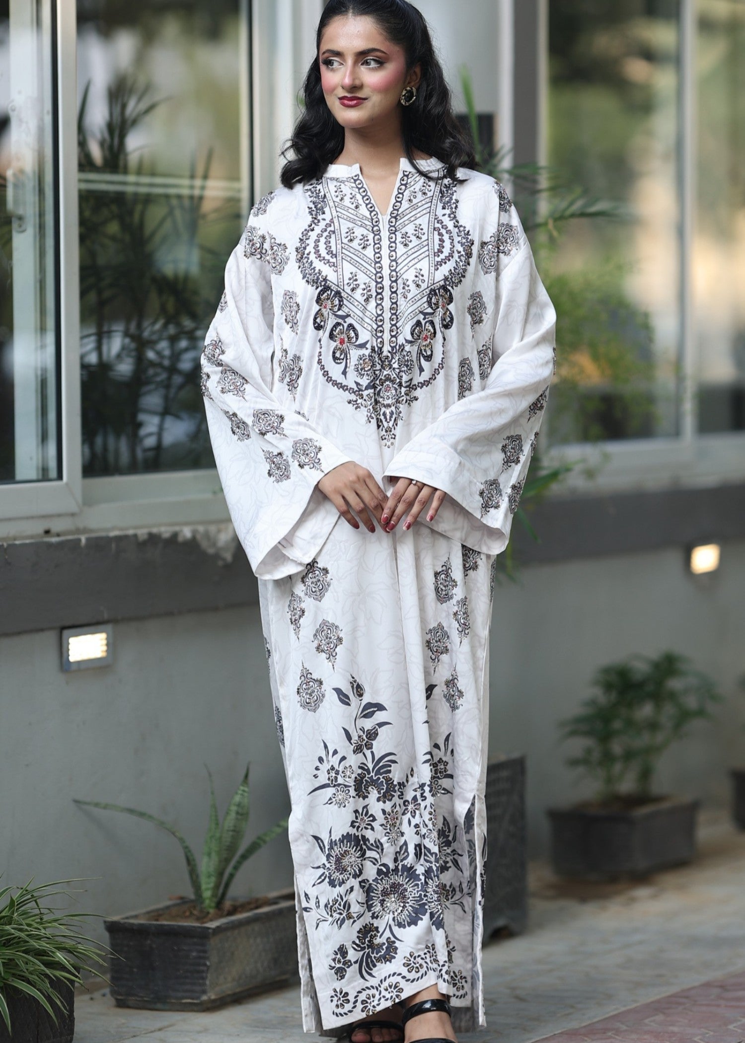 pk charmuse silk Kaftan in Ghost white