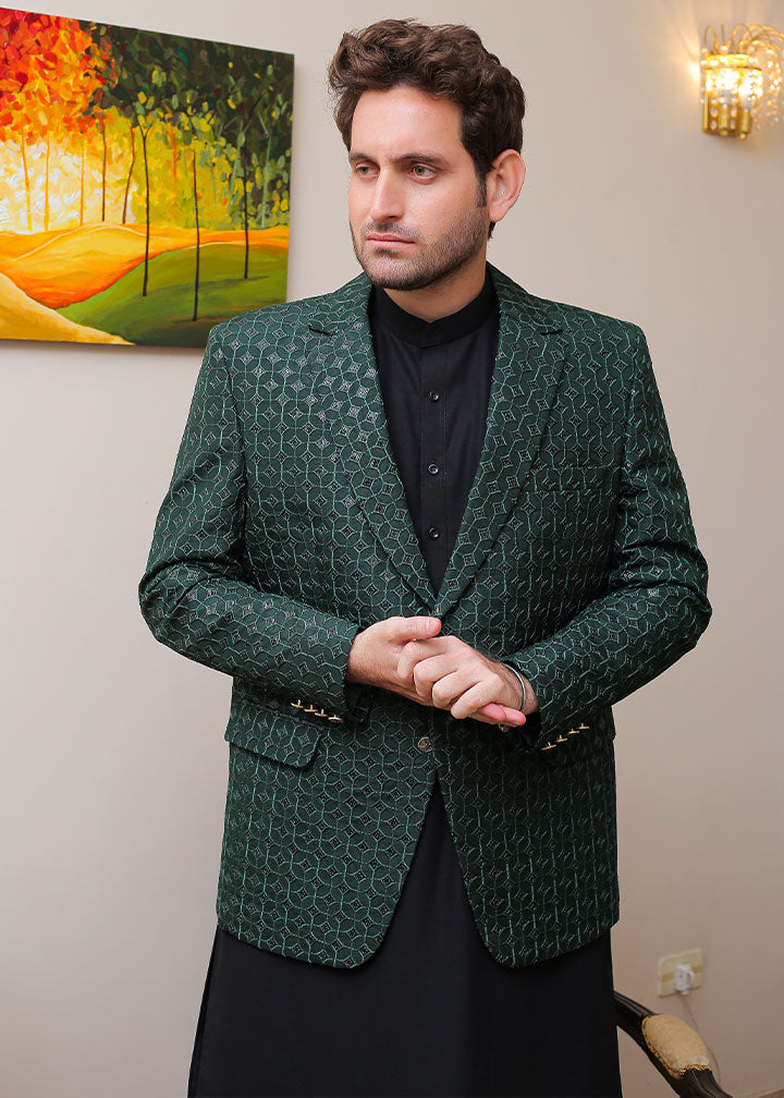 banarsi silk Prince Coat in Dark green