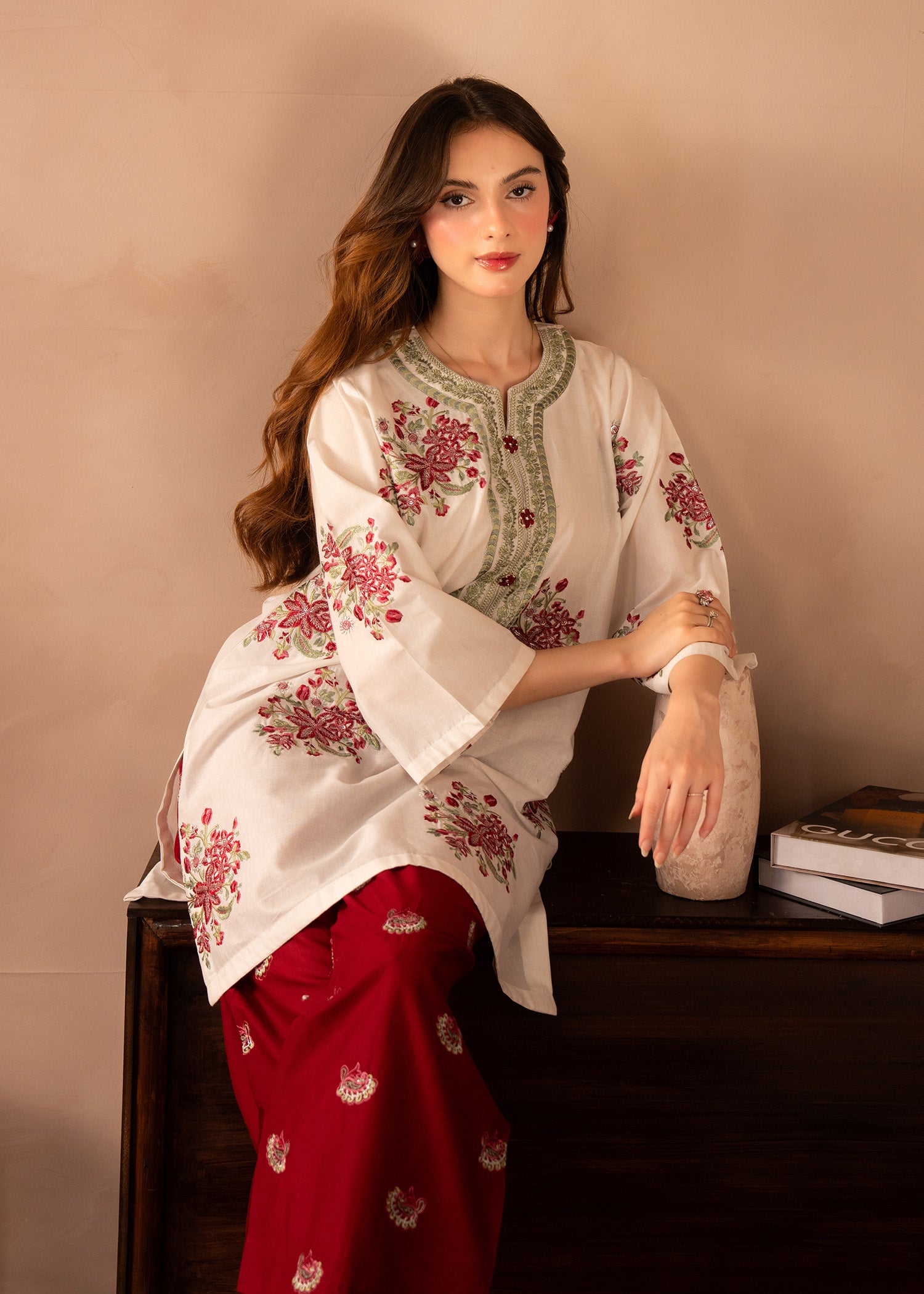 lawn Kurta Set in White, red