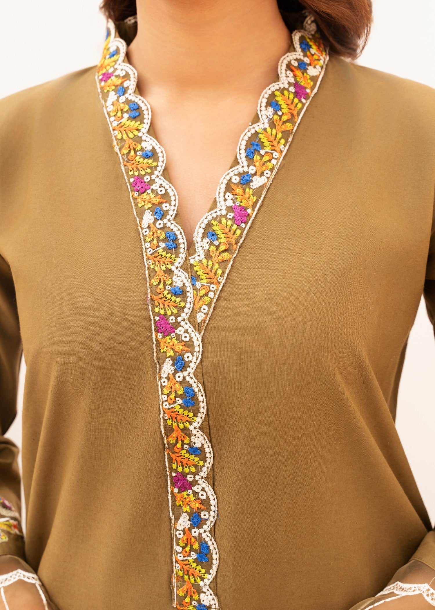 cambric Kurta Set in Brown