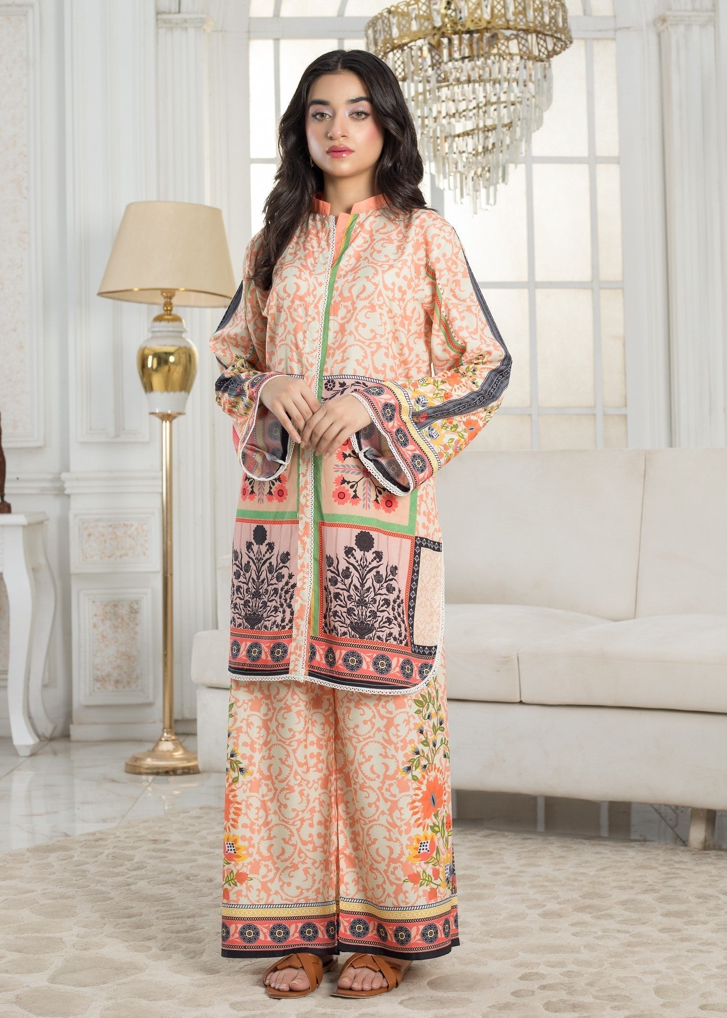 polyester crepe Co Ord Sets in Peach orange
