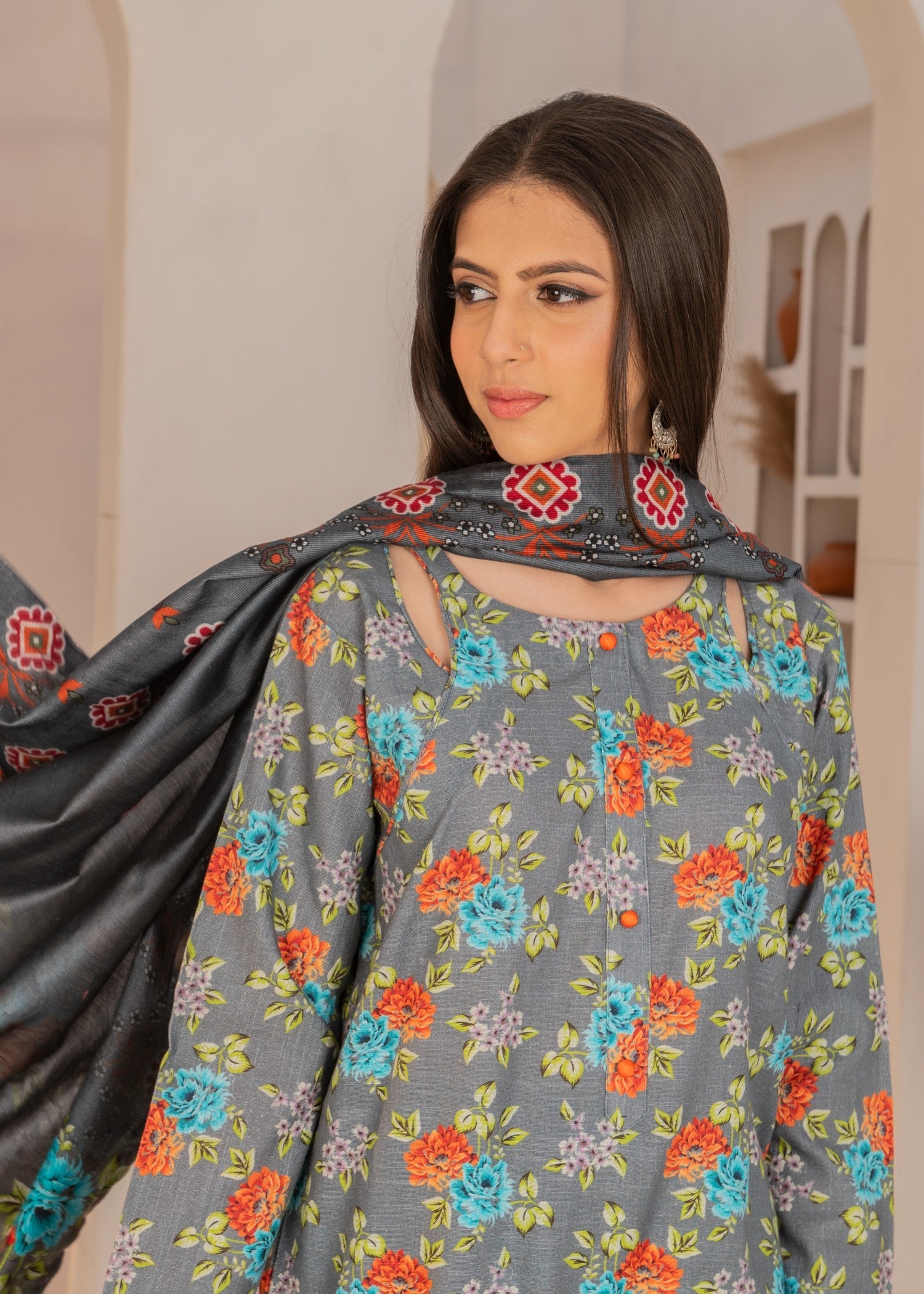 khaddar Kurta Set in Slate grey