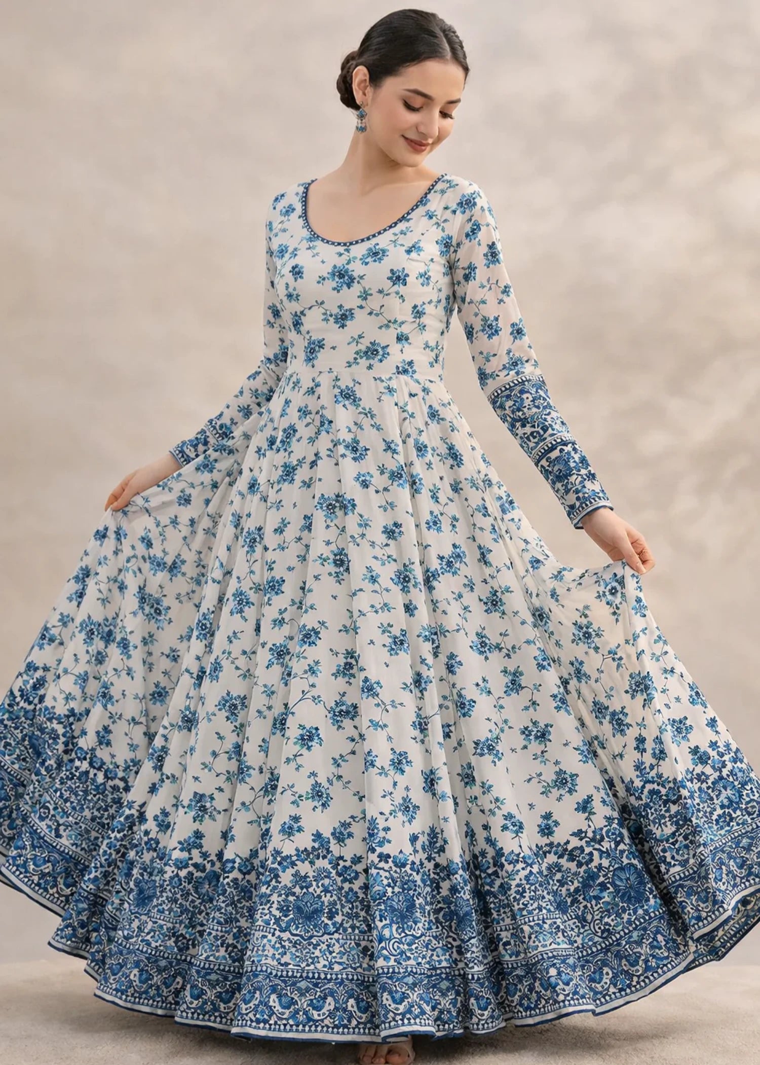 poly lawn Anarkali in Navy blue, white