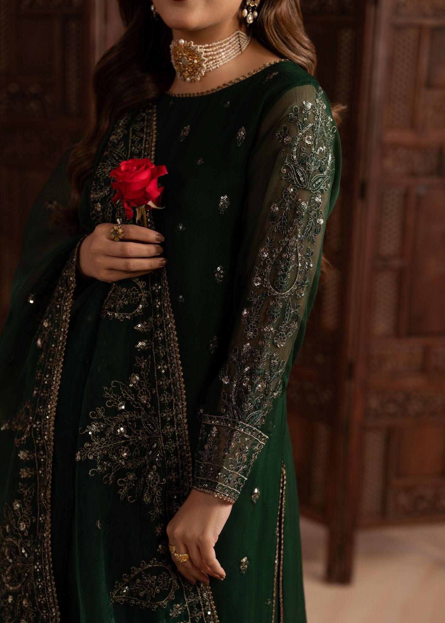 chiffon Lehenga in Bottle green