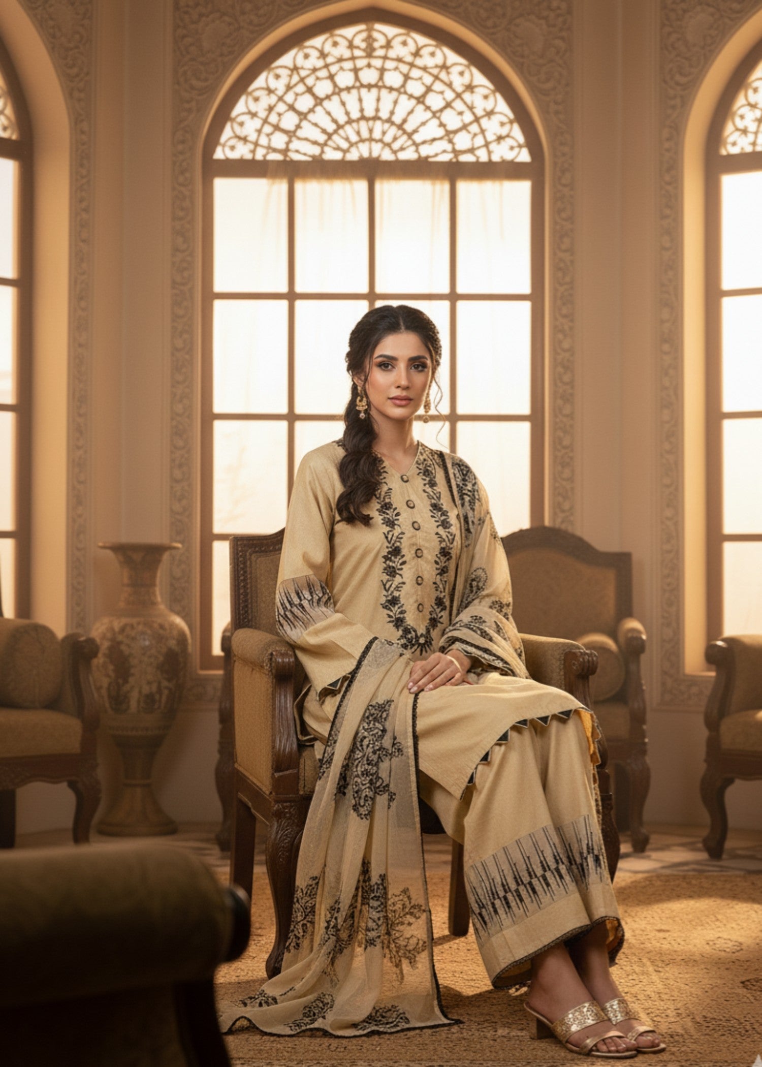 poly viscose Kurta Set in Beige