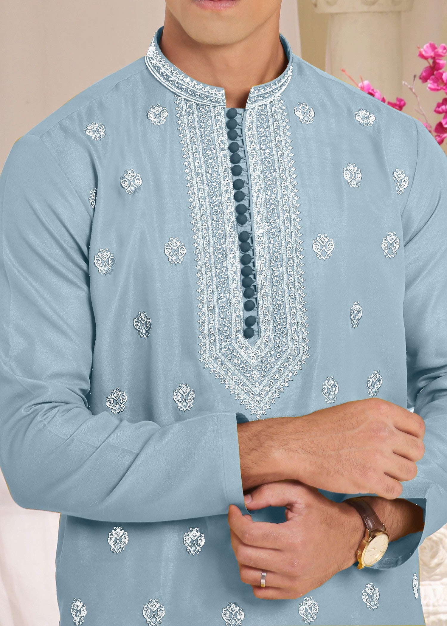 raw silk Kurta Set in Sky