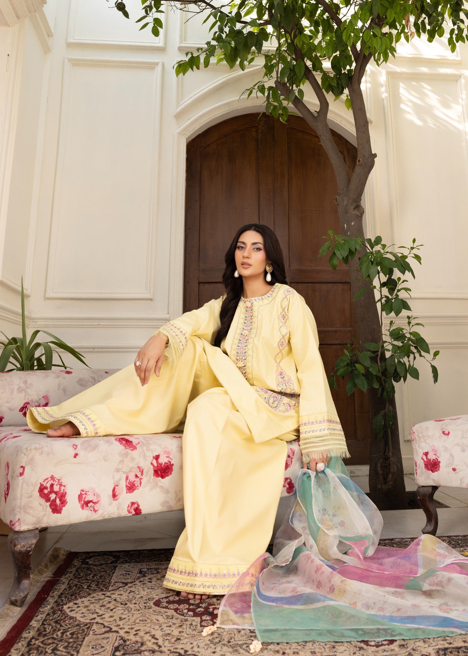 jacquard Kurta Set in Yellow