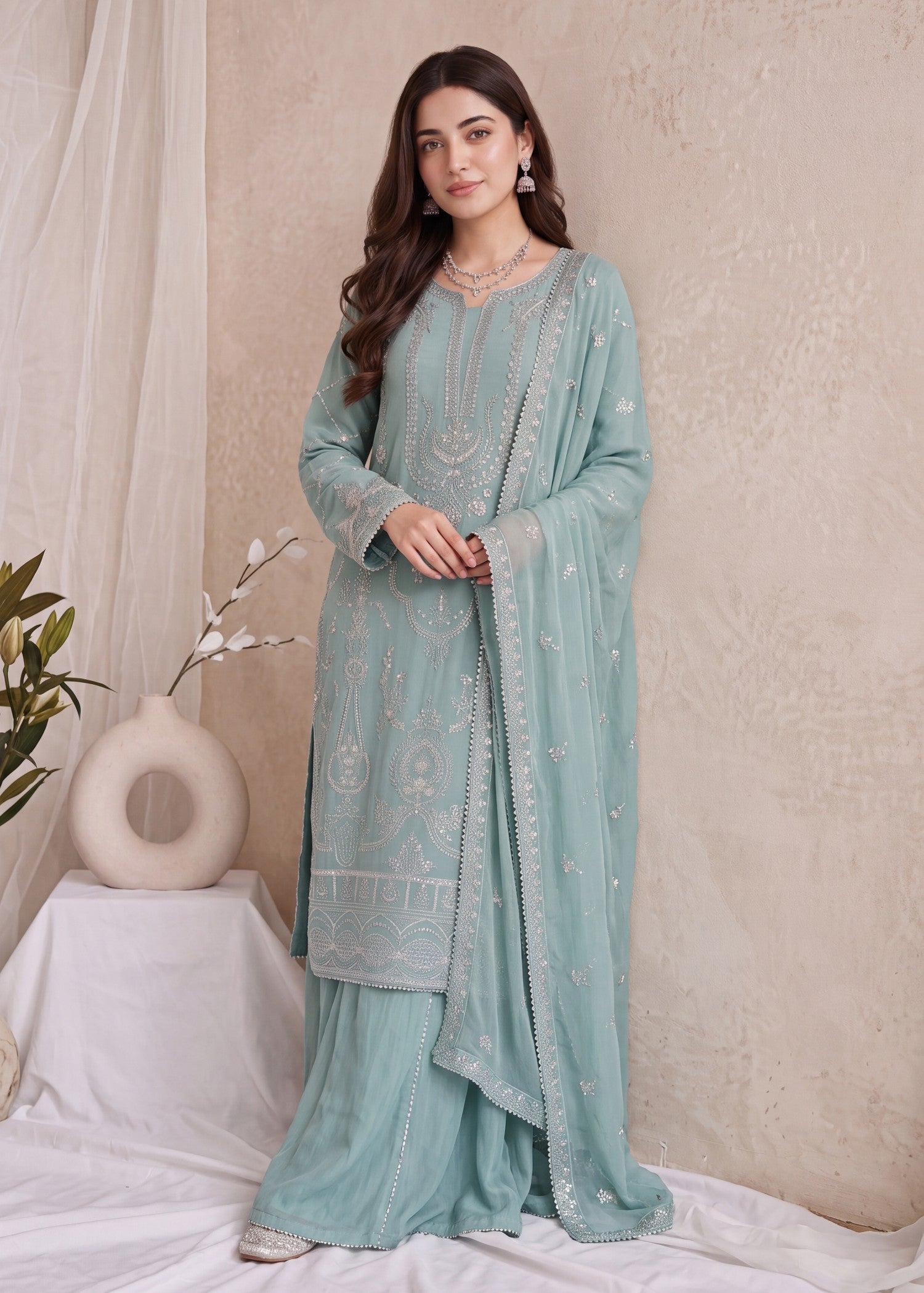 pk crinkle chiffon Kurta Set in Aquamarine