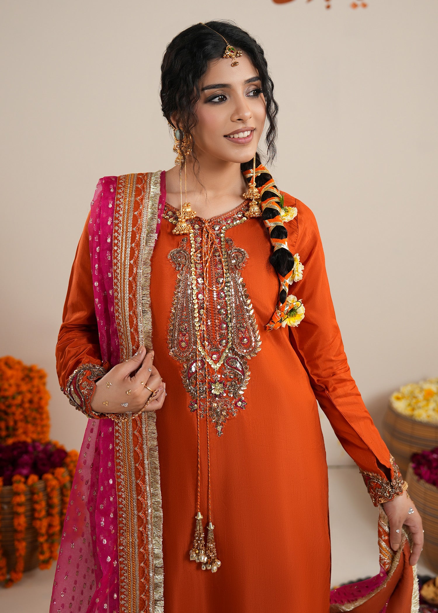 raw silk Sharara in Rust orange