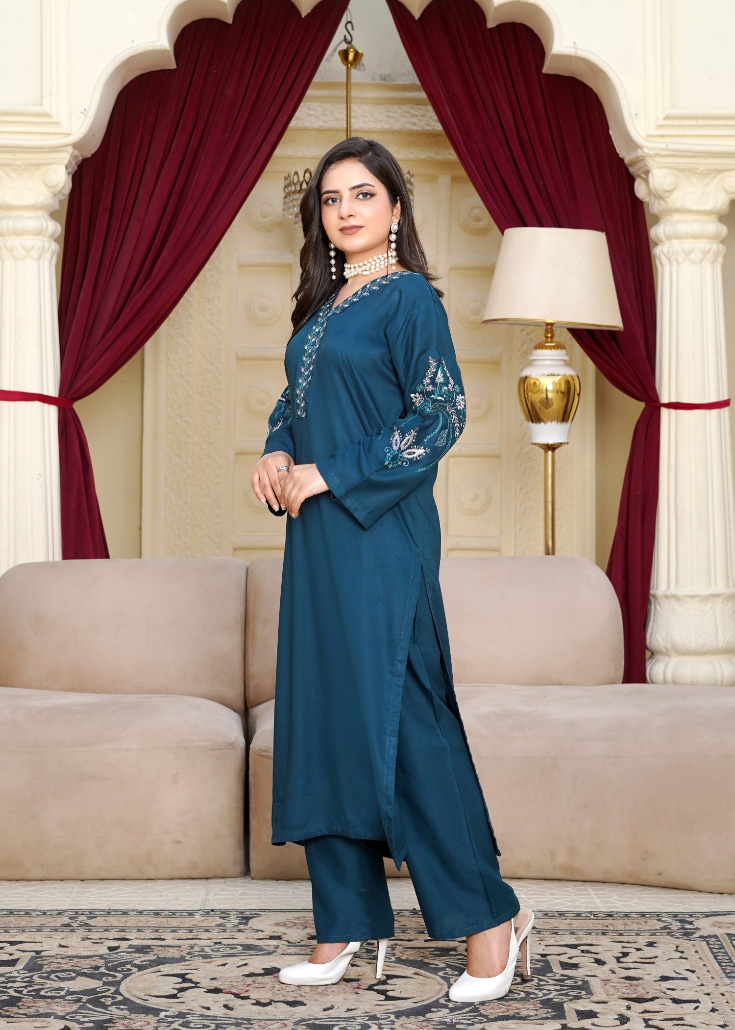 arabic lawn Kurta Set in Teal