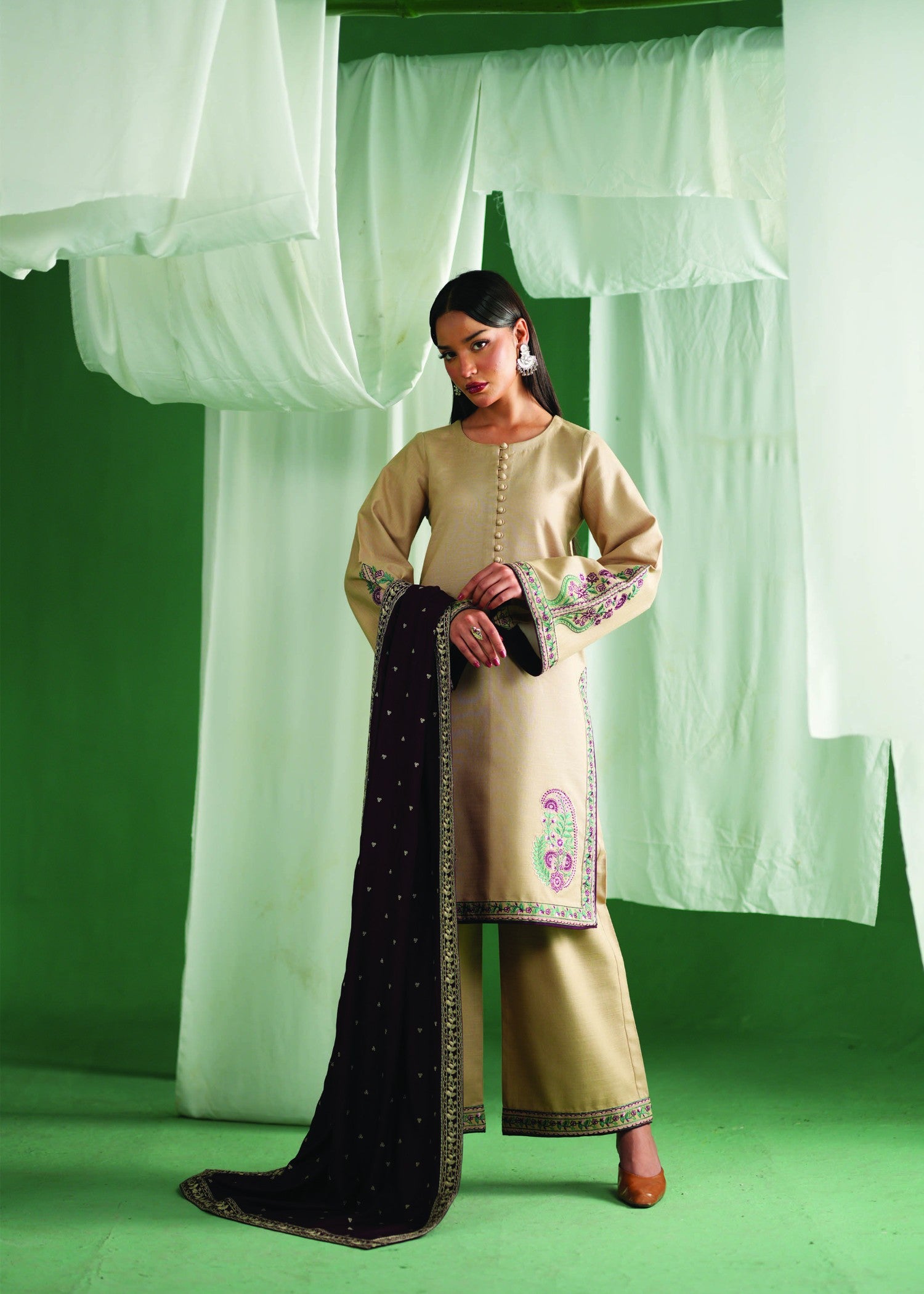 khaddar Kurta Set in Tan brown