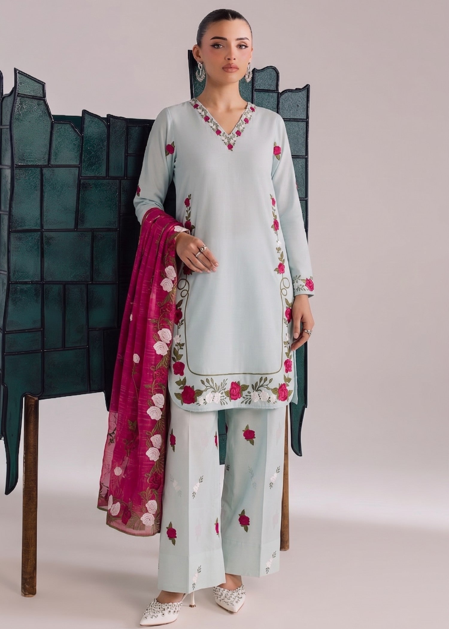 poly grip silk Kurta Set in Ice blue