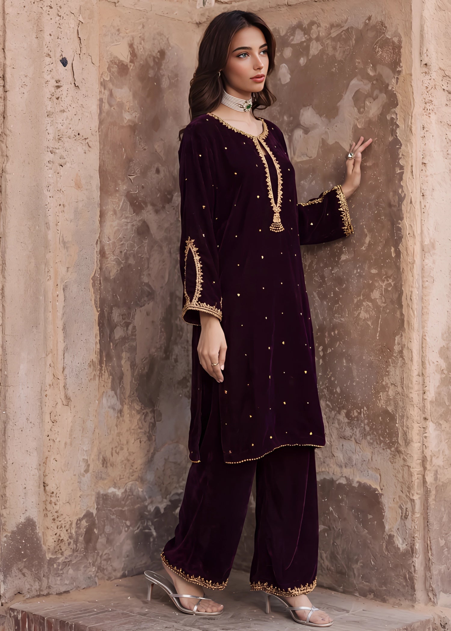 velvet Kurta Set in Burgundy