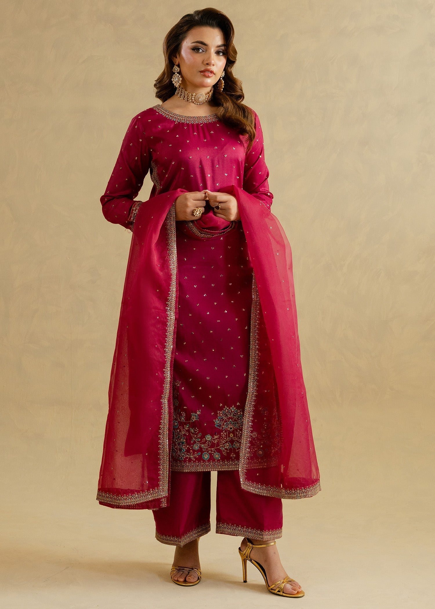 silk Kurta Set in Magenta
