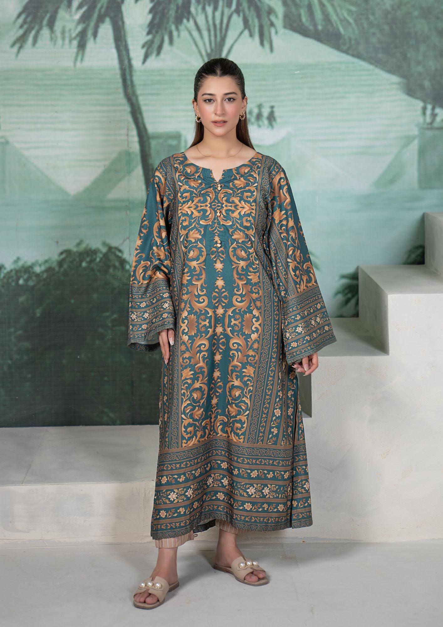 arabic lawn Kaftan in Olive green