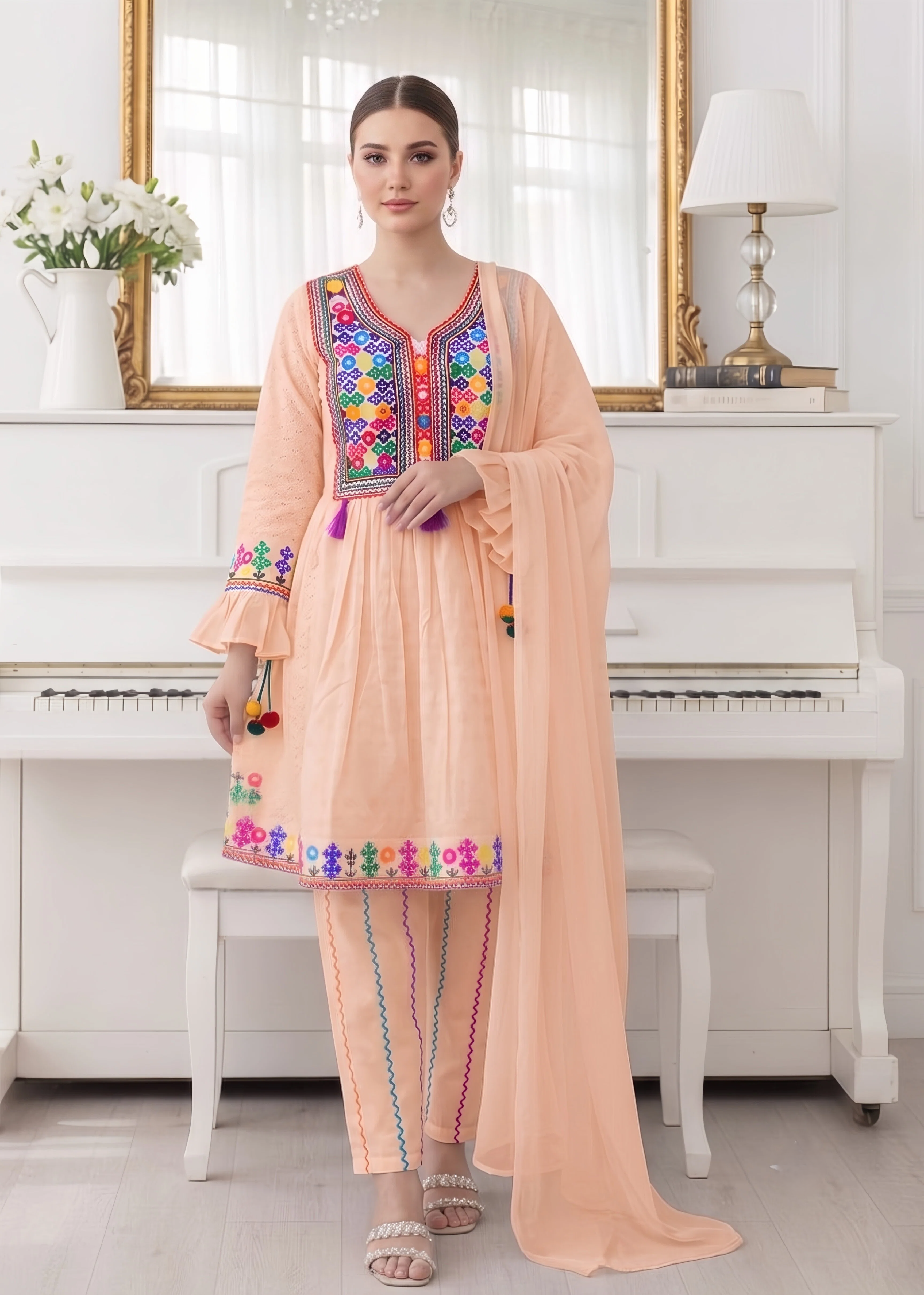 lawn cotton Short Frock in Peach pink