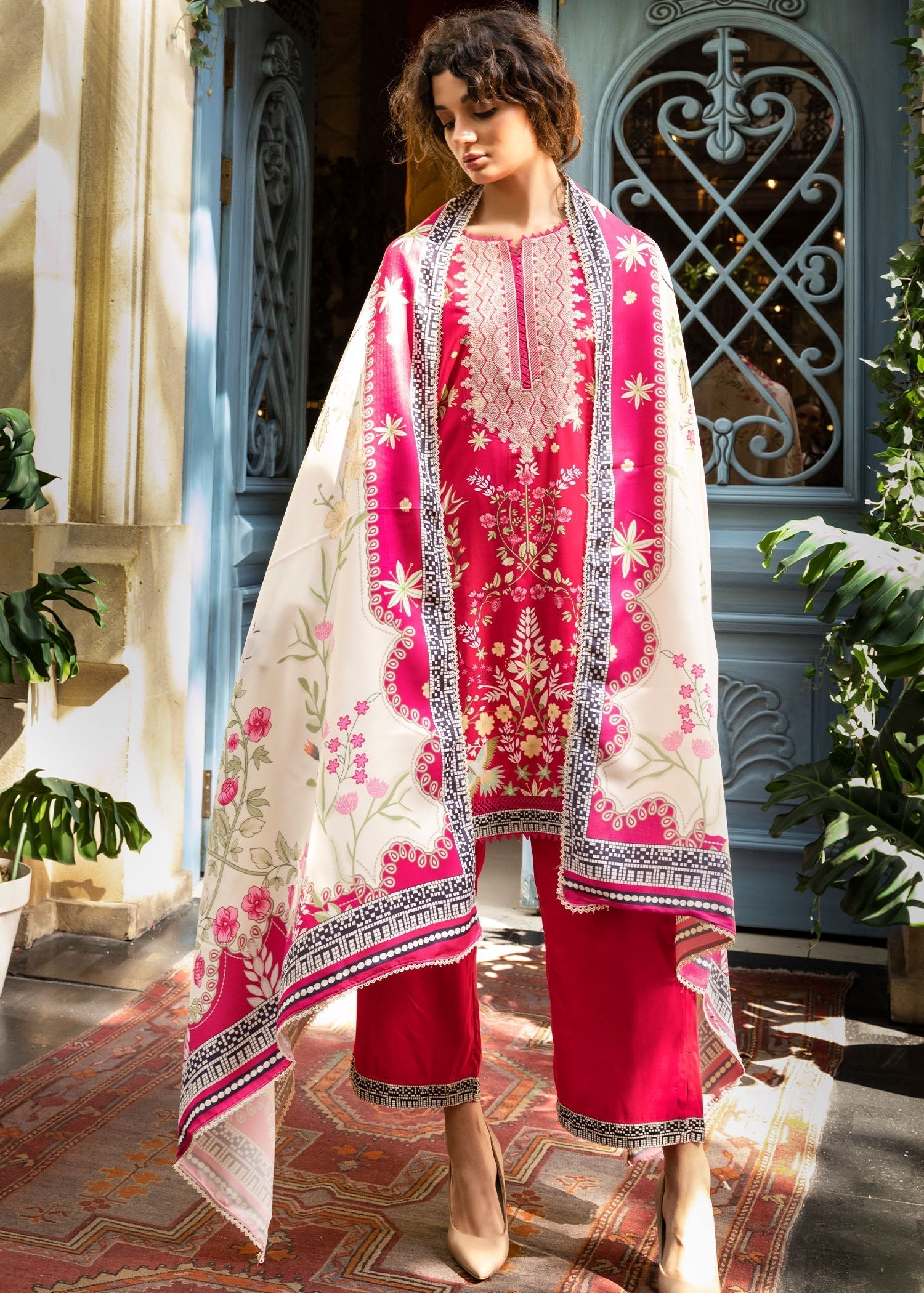 linen Kurta Set in Shocking pink