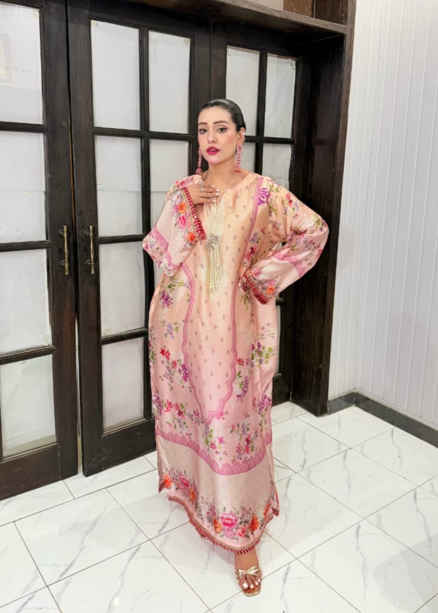 silk charmeuse Kaftan in Peach pink