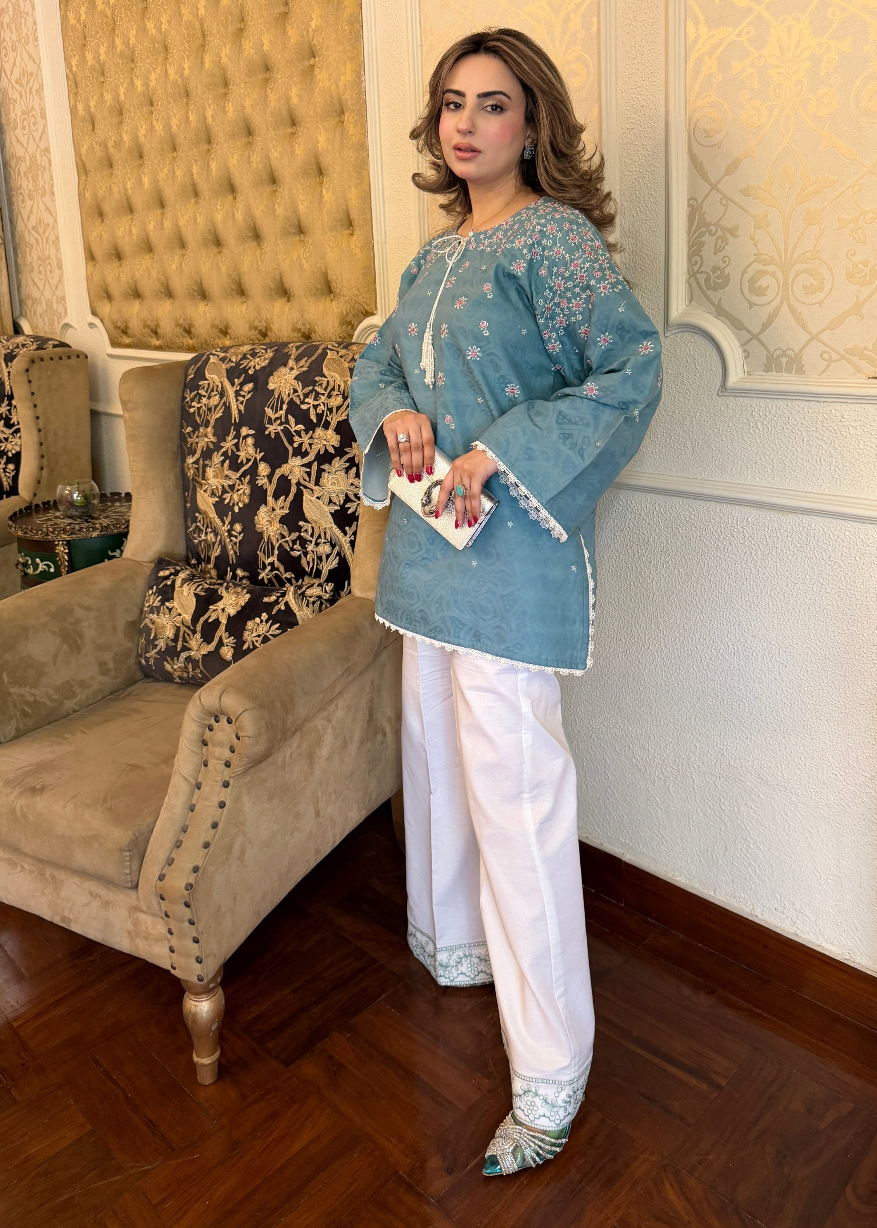dobby crepe Kurta Set in Aquamarine