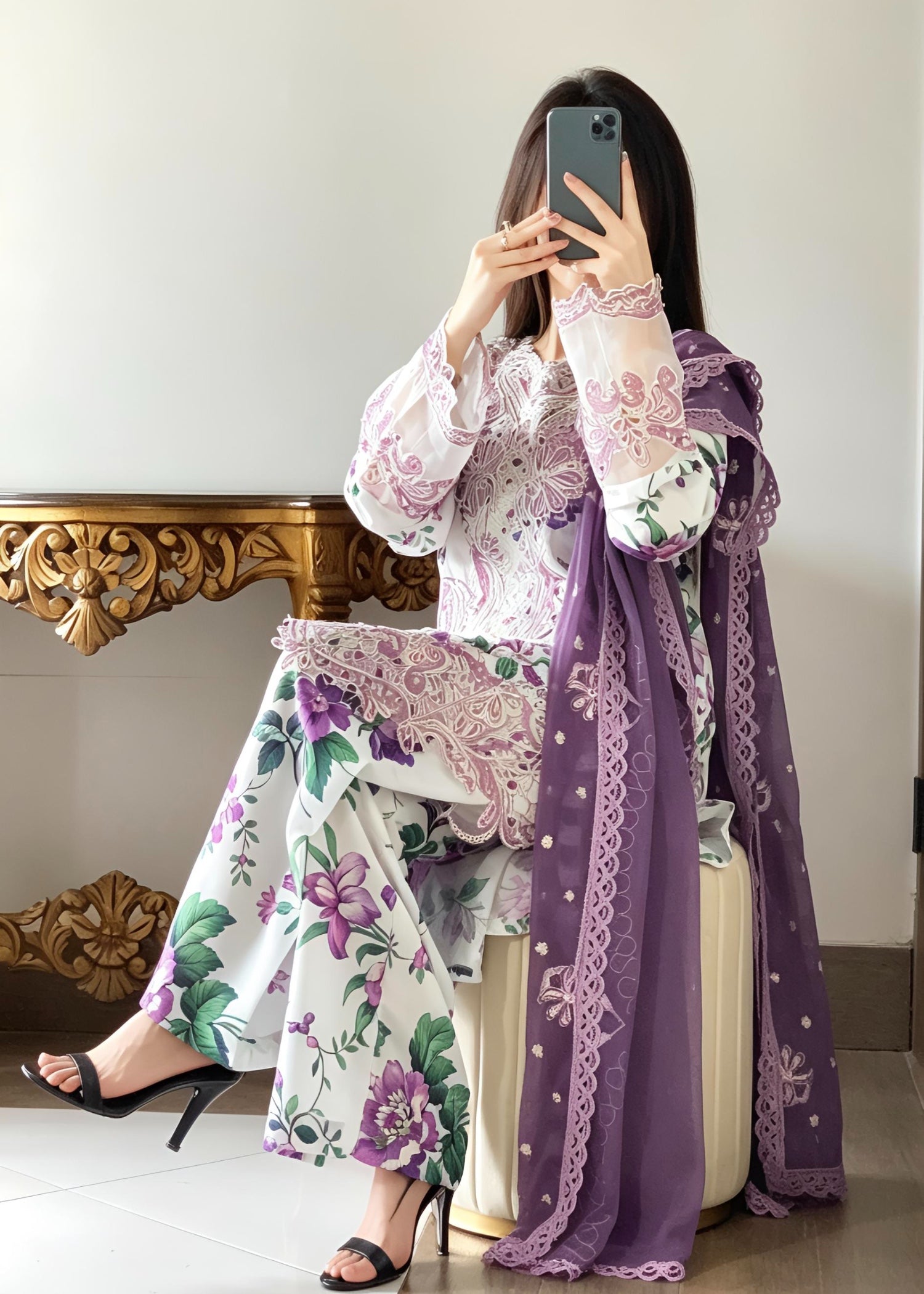 lawn Kurta Set in Purple, white