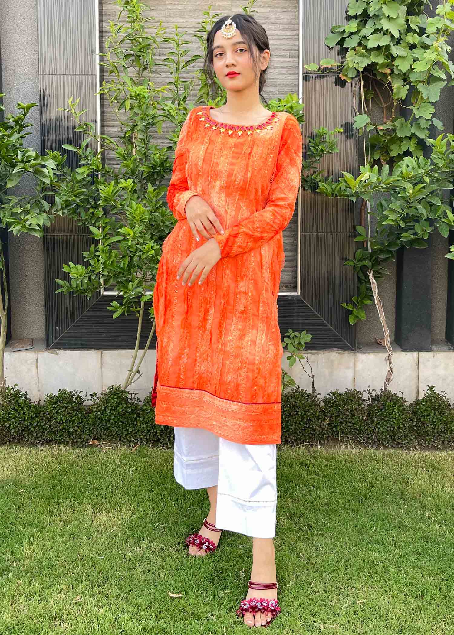 cotton net Kurta Set in Copper orange